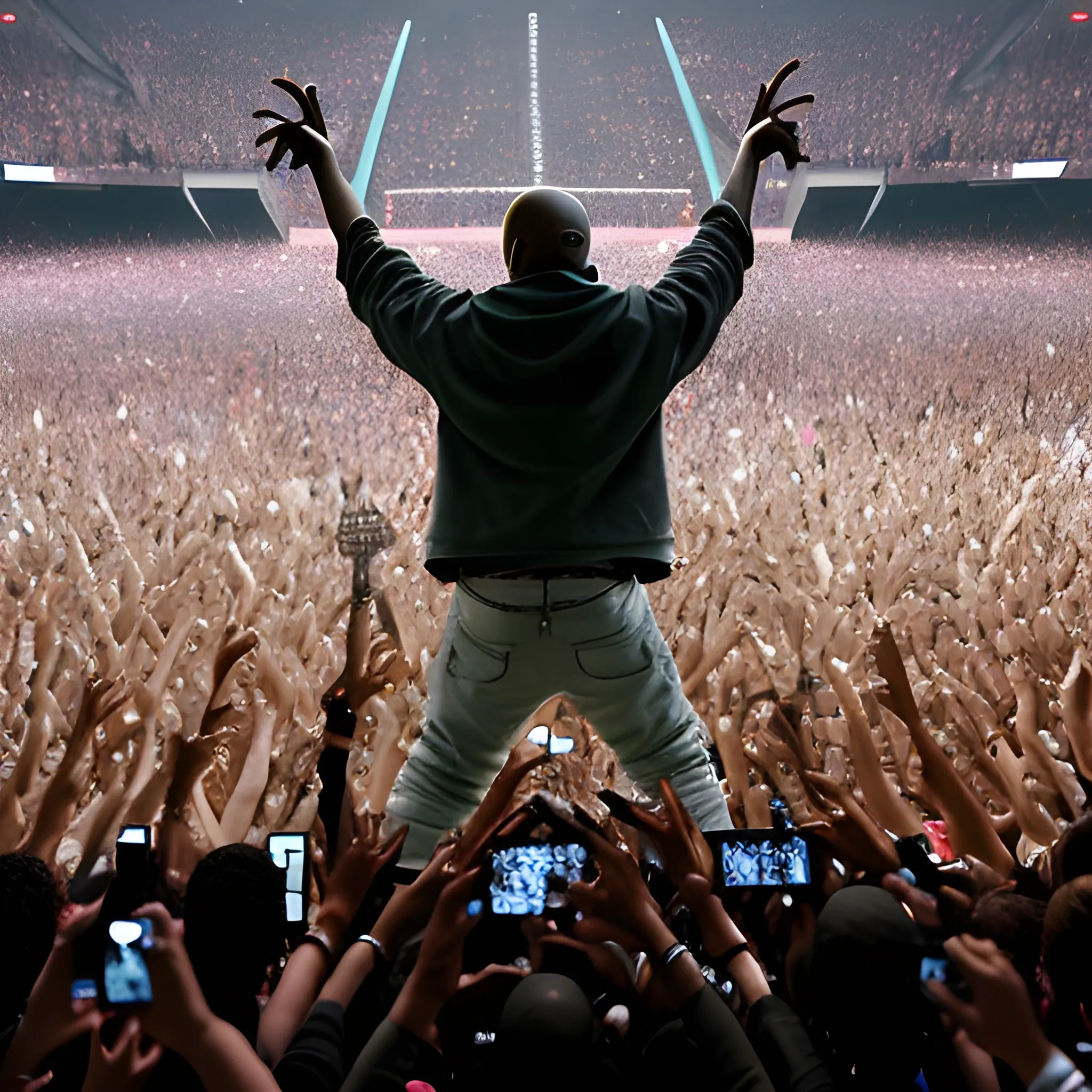 kanye west performing for a croud of millions
