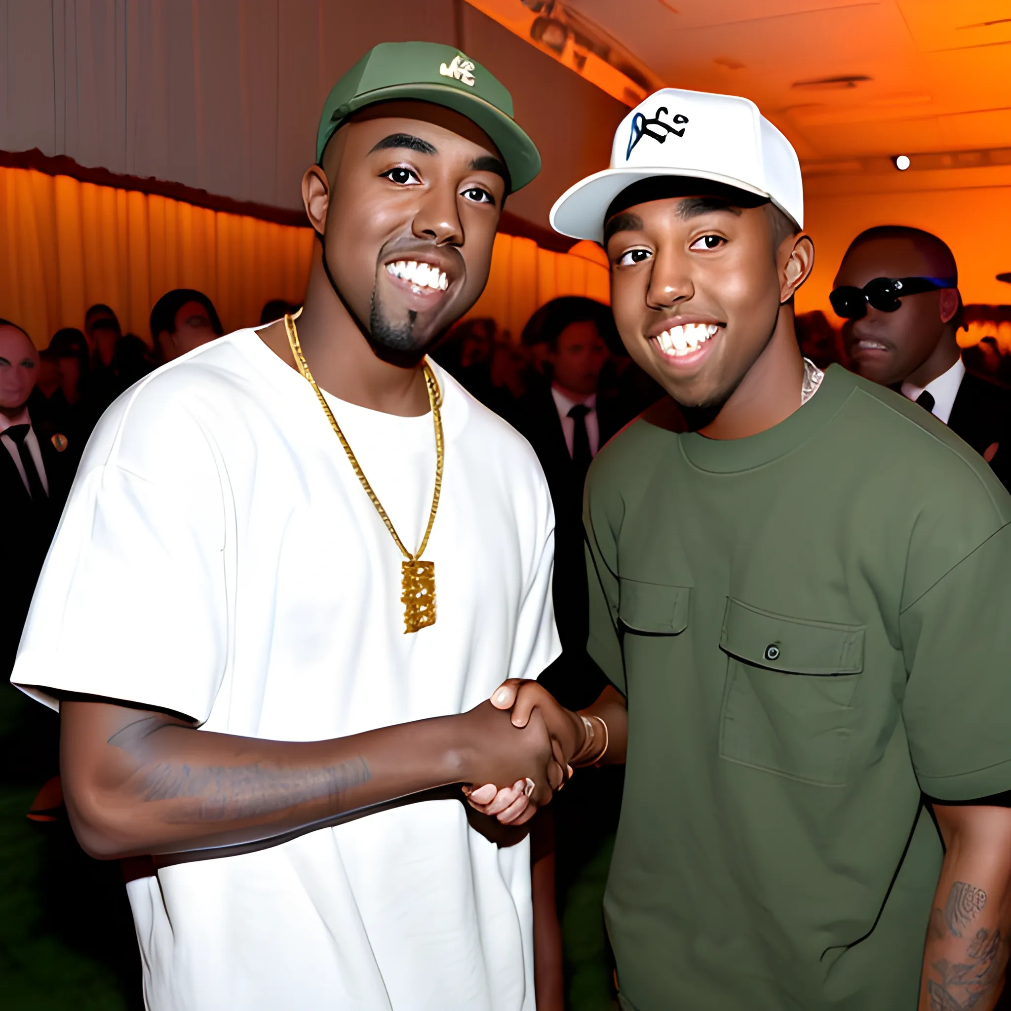 kanye west and tyler the creator shaking hands and smiling for the camera

