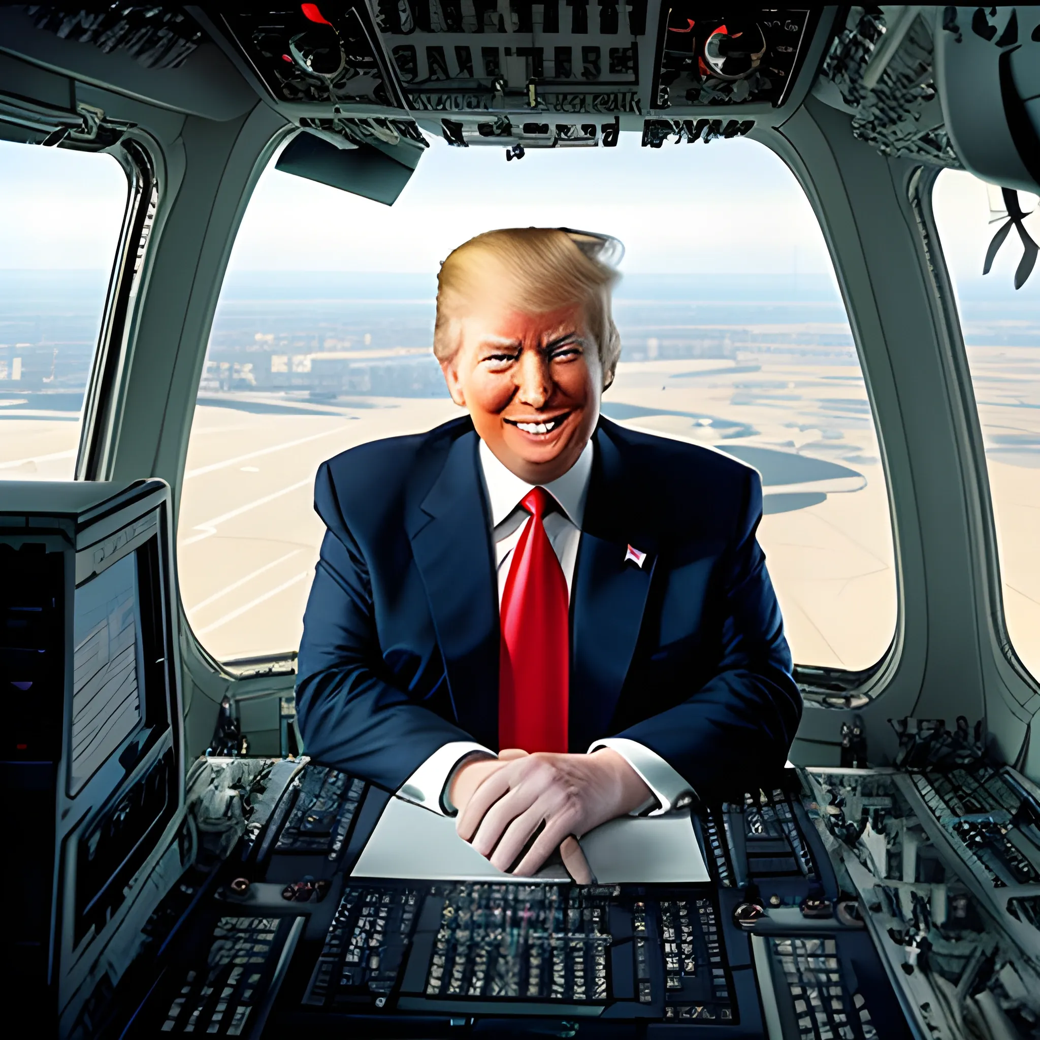 donald trump in an airplane cockpit smiling and looking at the camera with the twin towers in the windshield