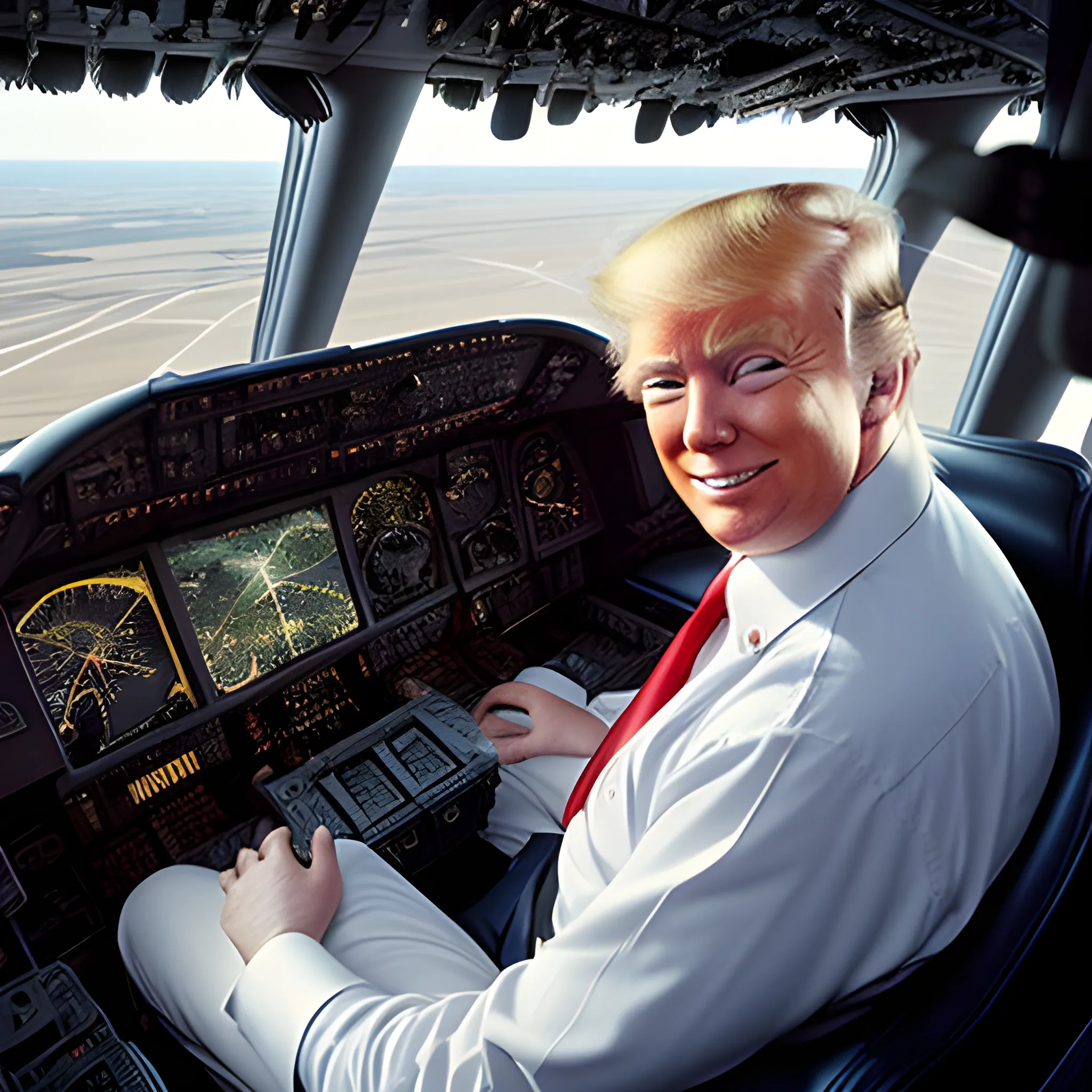 donald trump flying a plane in an airplane cockpit smiling and looking at the camera with the twin towers in the windshield