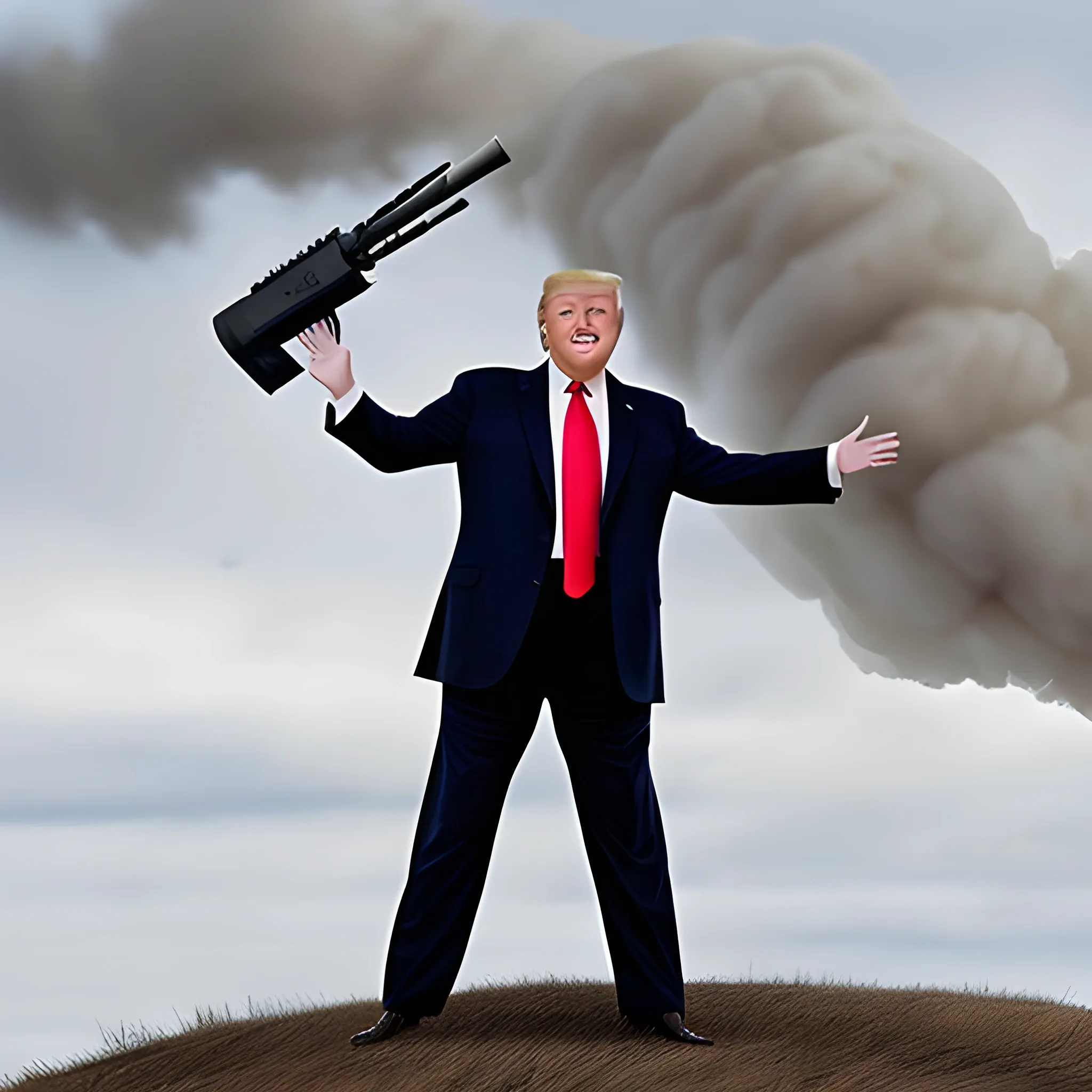 donald trump standing on the top of a hill firing a huge machine gun into the air while laughing