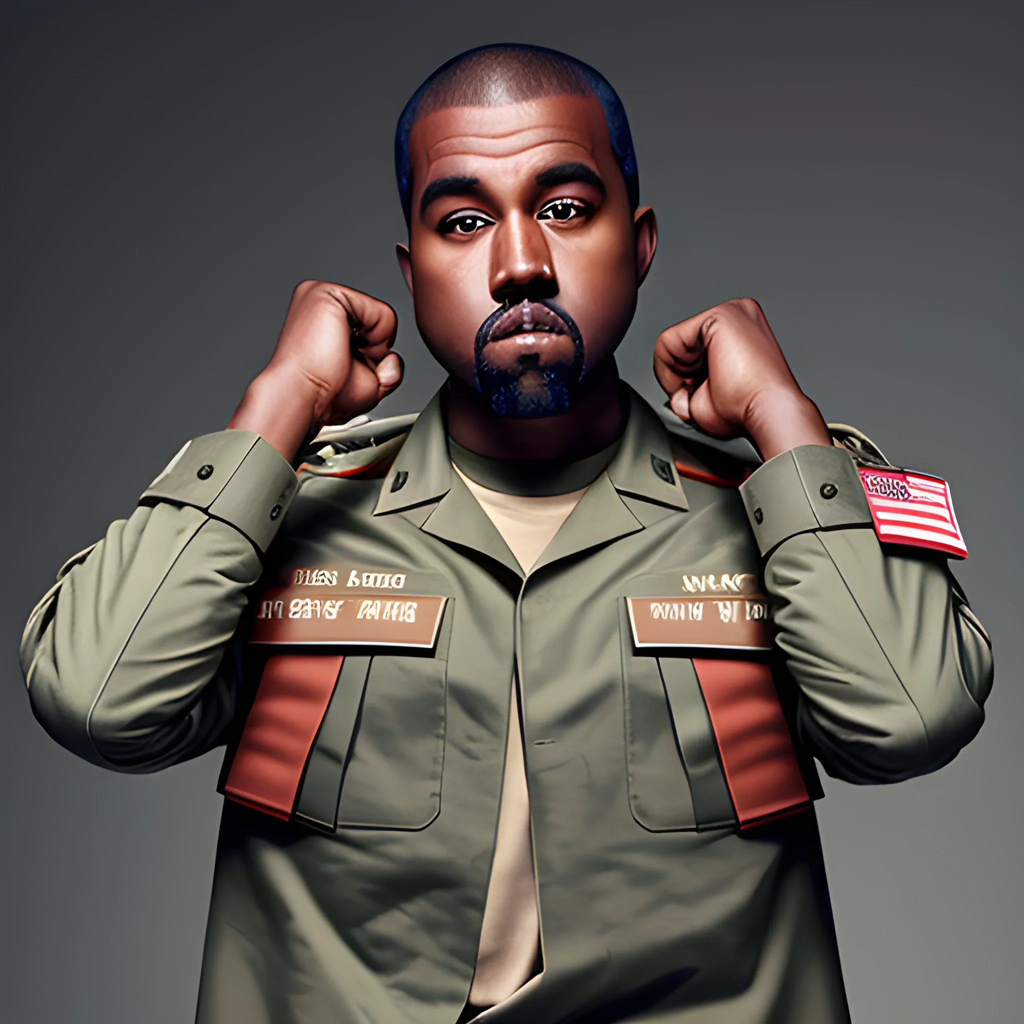 kanye wearing tan military uniform with red armband