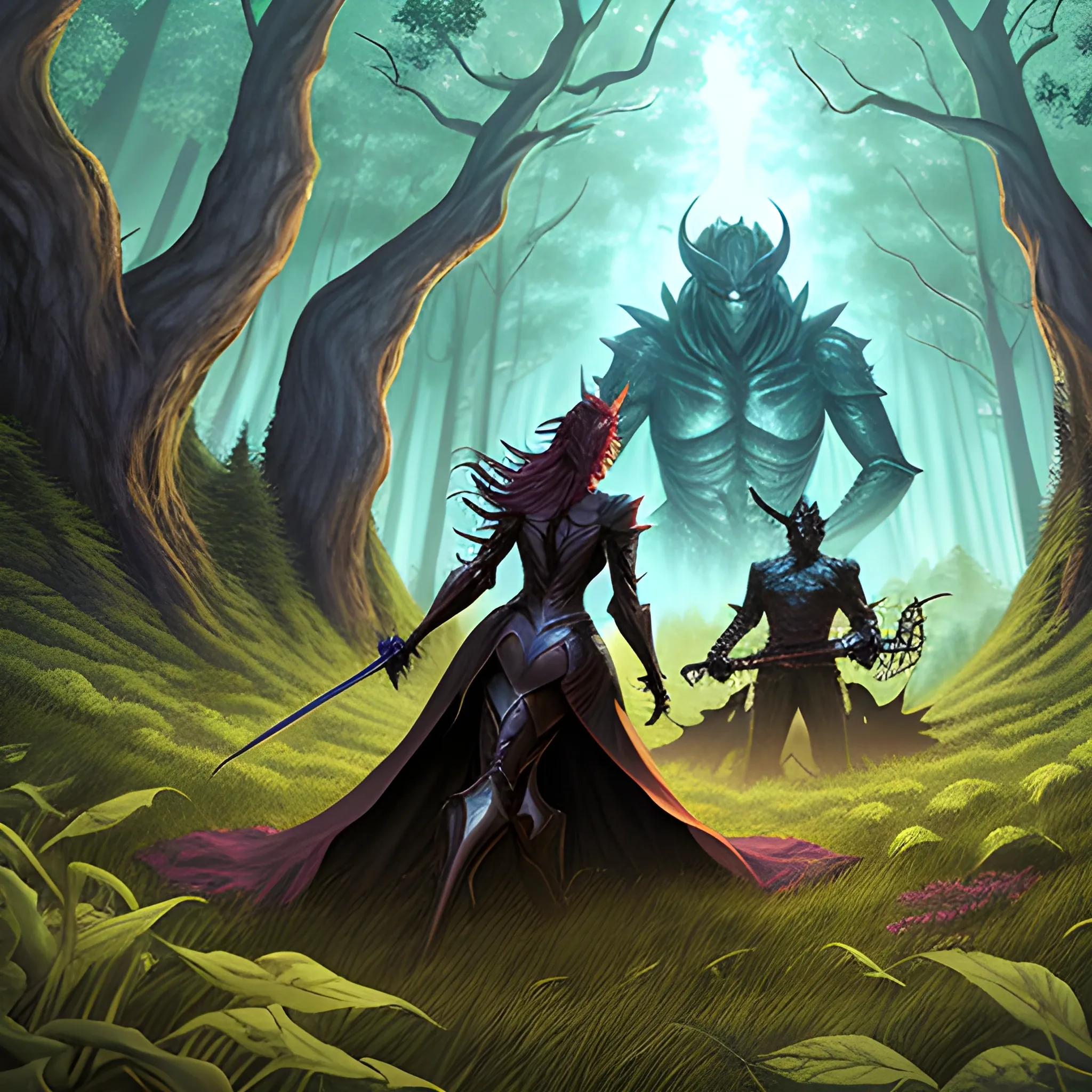 a girl surounded with shadow monster and being protected by a knight in a forest with a field in it
