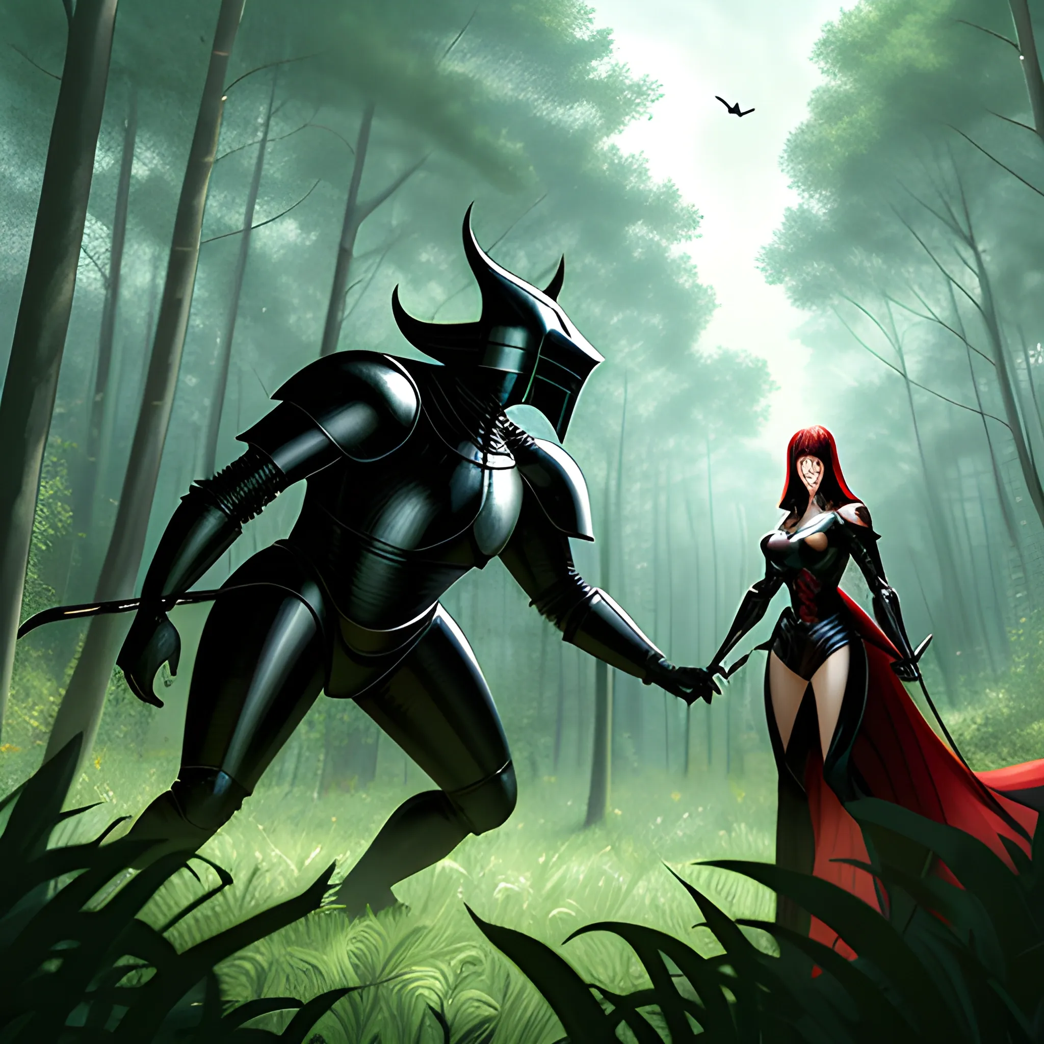 a helpless girl surounded with various shadow monster and being protected by a knight in a forest with a field in it
