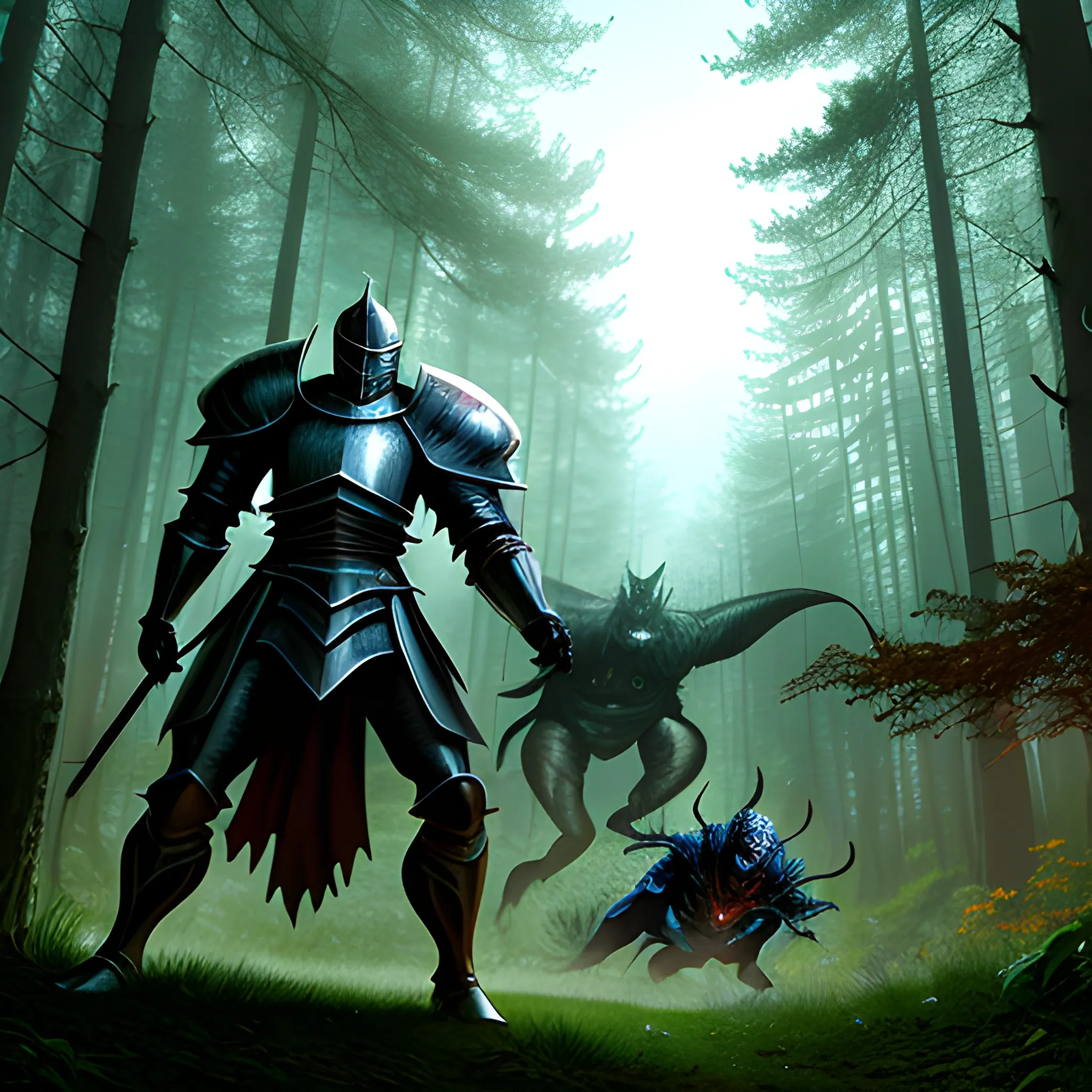 a helpless girl surounded with various shadow monster being protected by a young knight in a forest with a field in it
