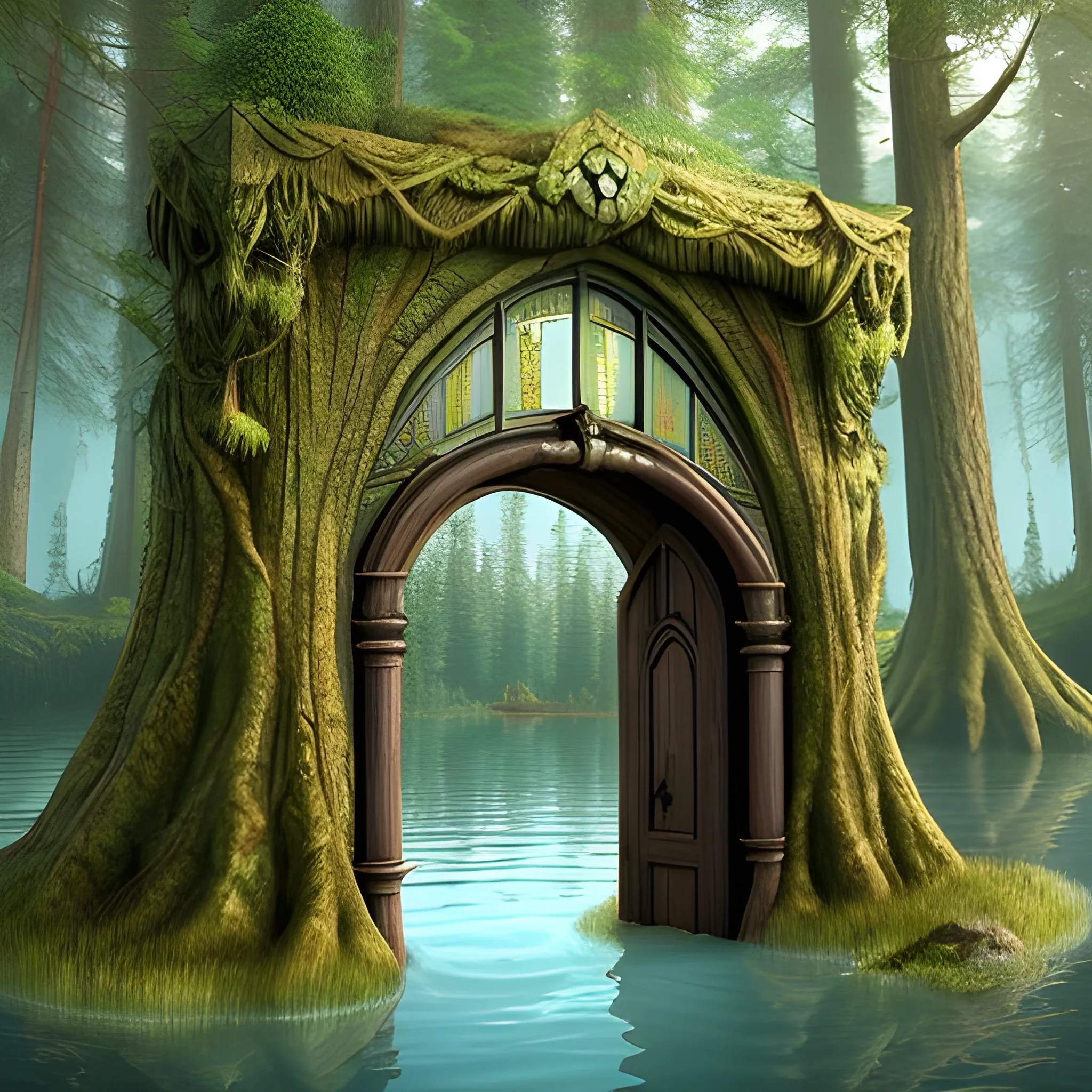 fantasy door portal in the middle of the lake in mysterious forest
