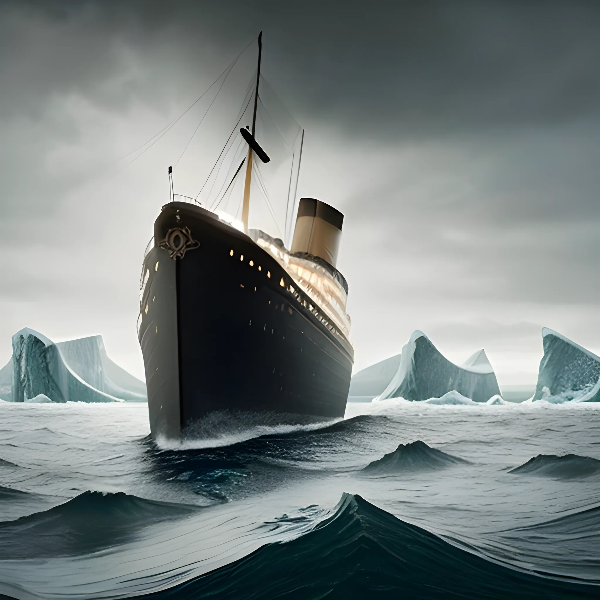 A cinematic film still of the RMS Titanic disaster, with the doomed ship's bow dramatically raised towards the darkening sky, its stern slowly disappearing beneath the freezing North Atlantic waters. Elegantly dressed survivors, their faces etched with desperation and fear, scramble aboard fragile, wooden lifeboats, while others cling to debris, their fingers frozen in a futile attempt to stay afloat. Monolithic icebergs loom in the background, their icy peaks glistening with an ethereal light, as if witnessing the tragedy unfold. Rendered in a style reminiscent of the cinematography of Roger Deakins, the image boasts rich, velvety color depth, intricate textures that evoke the tactile sense of film stock, and fervently human emotion. Shot on a v-raptor XL camera, the still exhibits a natural, film-like grain, a subtle vignette, and a meticulously color-graded aesthetic that recalls the timeless quality of 35mm film.