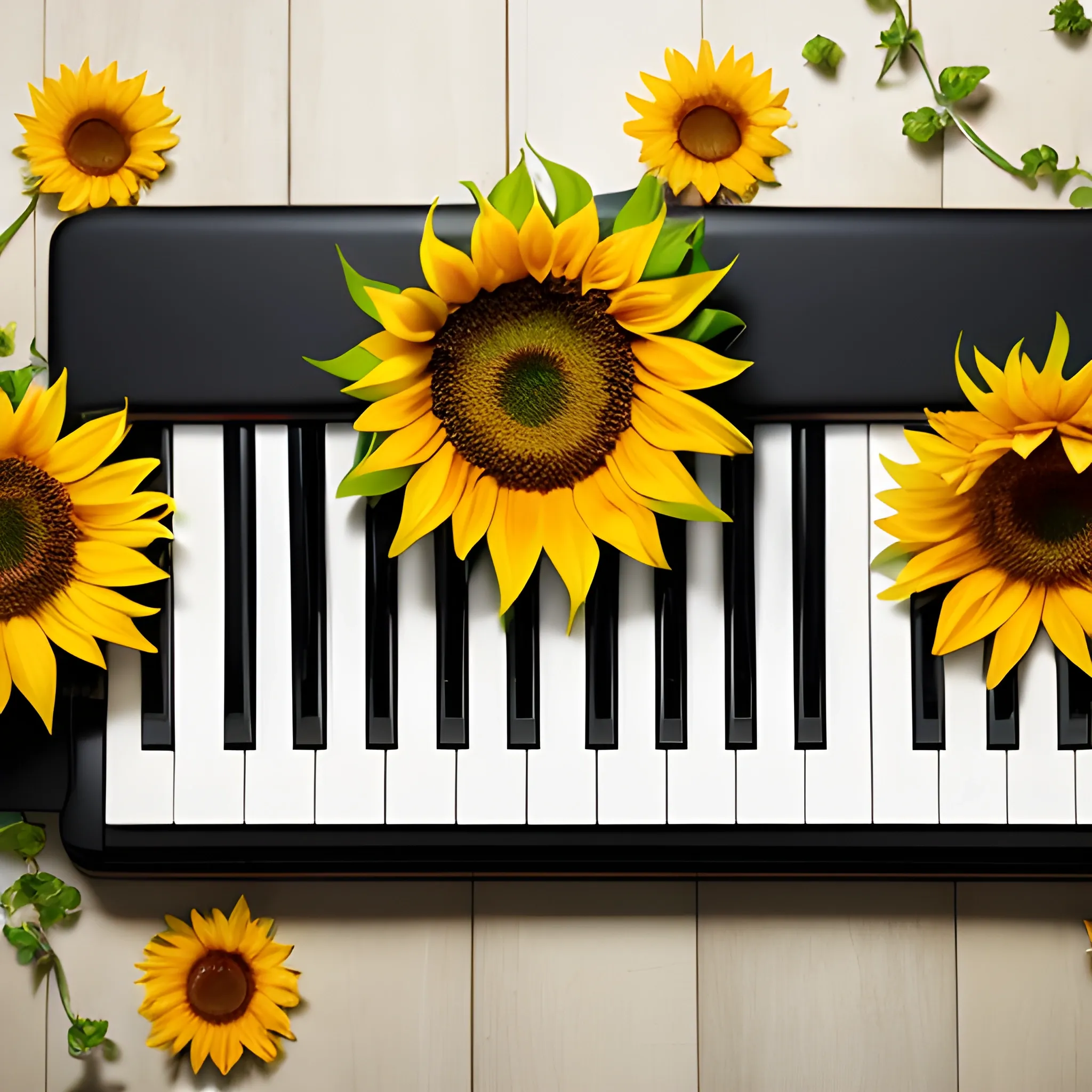 At the center of the screen is an open keyboard, with each key covered by bright sunflowers. The petals of sunflowers spread out, like blooming on a keyboard, with the center of each flower perfectly aligned with the keys on the keyboard. The entire keyboard seems to have turned into a charming garden, with sunlight shining through the petals of sunflowers, creating a warm and vibrant atmosphere on the keyboard. The background can be a soft light color tone to highlight the foreground flowers and keyboard.