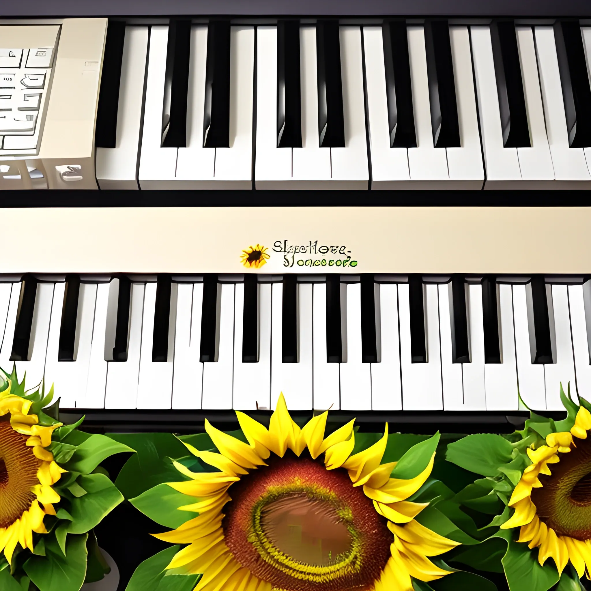 At the center of the screen is an open keyboard, with each key covered by bright sunflowers. The petals of sunflowers spread out, like blooming on a keyboard, with the center of each flower perfectly aligned with the keys on the keyboard. The entire keyboard seems to have turned into a charming garden, with sunlight shining through the petals of sunflowers, creating a warm and vibrant atmosphere on the keyboard. The background can be a soft light color tone to highlight the foreground flowers and keyboard., Water Color