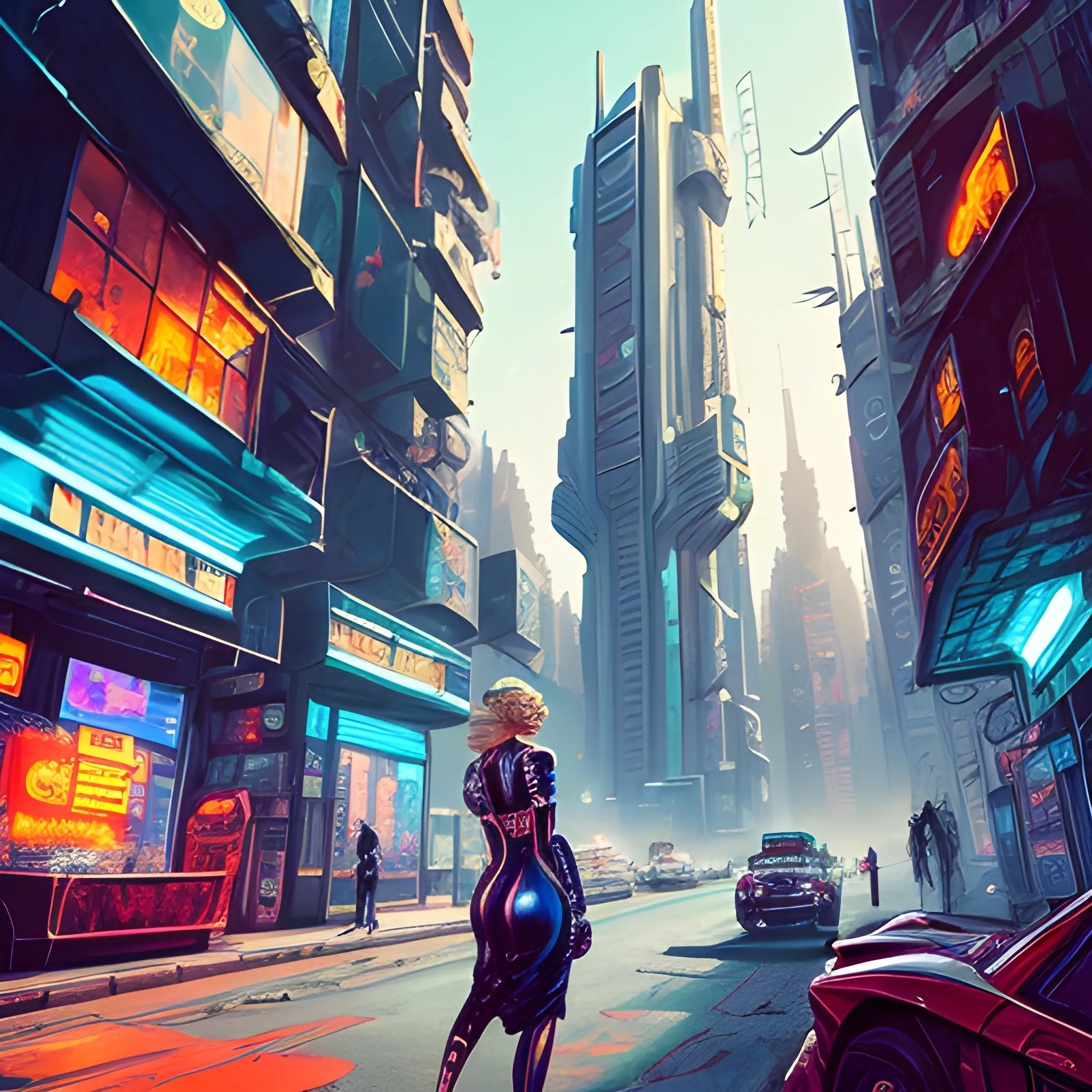 A Dramatic Drop-Off: The Edge of the World, cyberpunk Egyptian city street, futuristic technology, retro vehicles, FULL BODY, blonde woman, a retro hairstyle and vintage uniform, detailed buildings, sci-fi, vibrant colors, high tech urban environment,