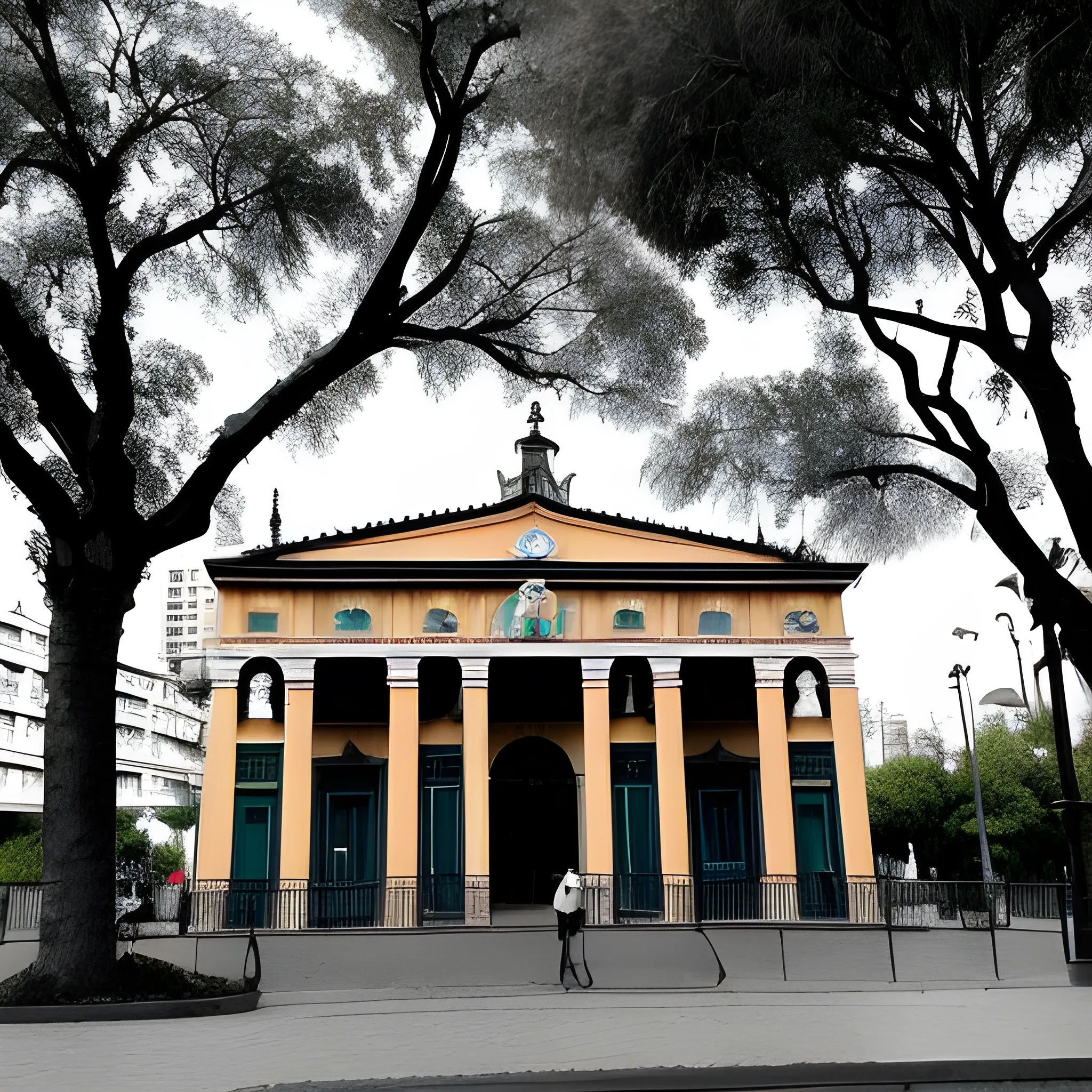 "Imagen detallada de los portones del Parque General San Martín en Mendoza, Argentina, representados en estilo de grabado con colores contrastantes. Los portones deben mostrar su diseño característico y ornamentado, con intrincados detalles en las rejas y columnas. La imagen debe capturar la arquitectura y el entorno distintivo del parque, con un fondo que resalte los portones utilizando un alto contraste y técnicas de sombreado propias del grabado. Usa tonos intensos y contrastantes para destacar los detalles y crear una atmósfera vibrante.