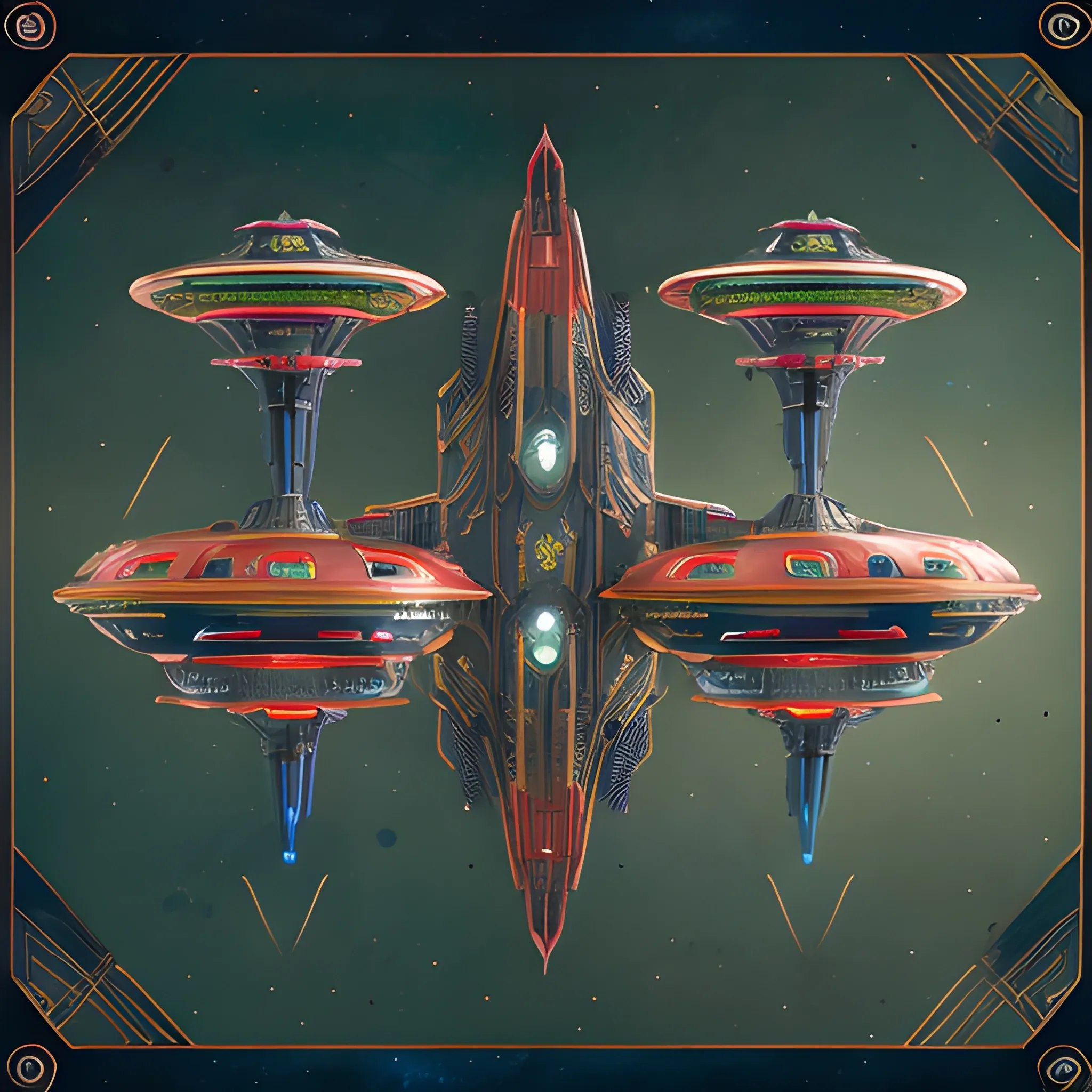 Medieval-futurism, wide shot, gold Enterprise with forest green nacelles and intricate details connected by heavy metal red & blue webbing connecting the body and the 3 tiers of saucers, to each other and the nacelles. Insanely symmetrical. Alien Landscape Photography, warmly glowing Nacelles, cobalt wired industrial materials. Insanely detailed and symmetrical.