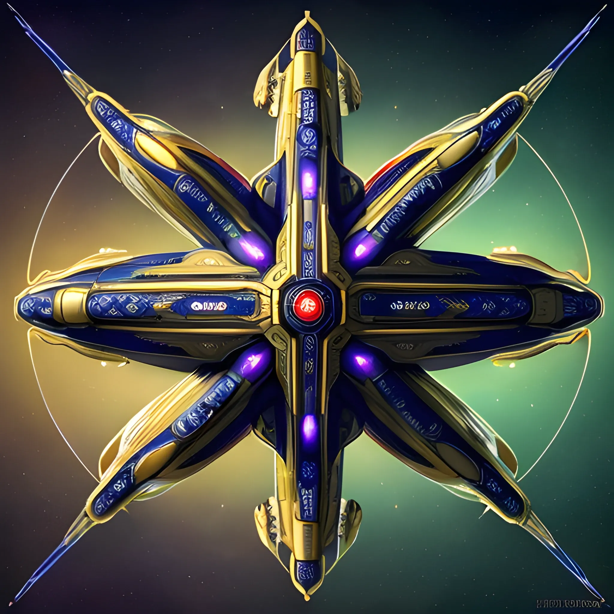 Medieval-futurism, wide shot, gold Enterprise with forest green nacelles and intricate details connected by heavy metal red & blue webbing connecting the body and the 3 tiers of saucers, to each other and the nacelles. Insanely symmetrical. Alien Landscape Photography, warmly glowing Nacelles, cobalt wired industrial materials. Insanely detailed and symmetrical.