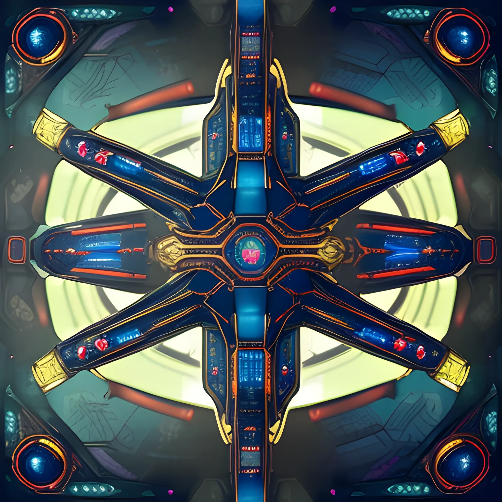 Medieval-futurism, wide shot, gold Enterprise with forest green nacelles and intricate details connected by heavy metal red & blue webbing connecting the body and the 3 tiers of saucers, to each other and the nacelles. Insanely symmetrical. Alien Landscape Photography, warmly glowing Nacelles, cobalt wired industrial materials. Insanely detailed and symmetrical.