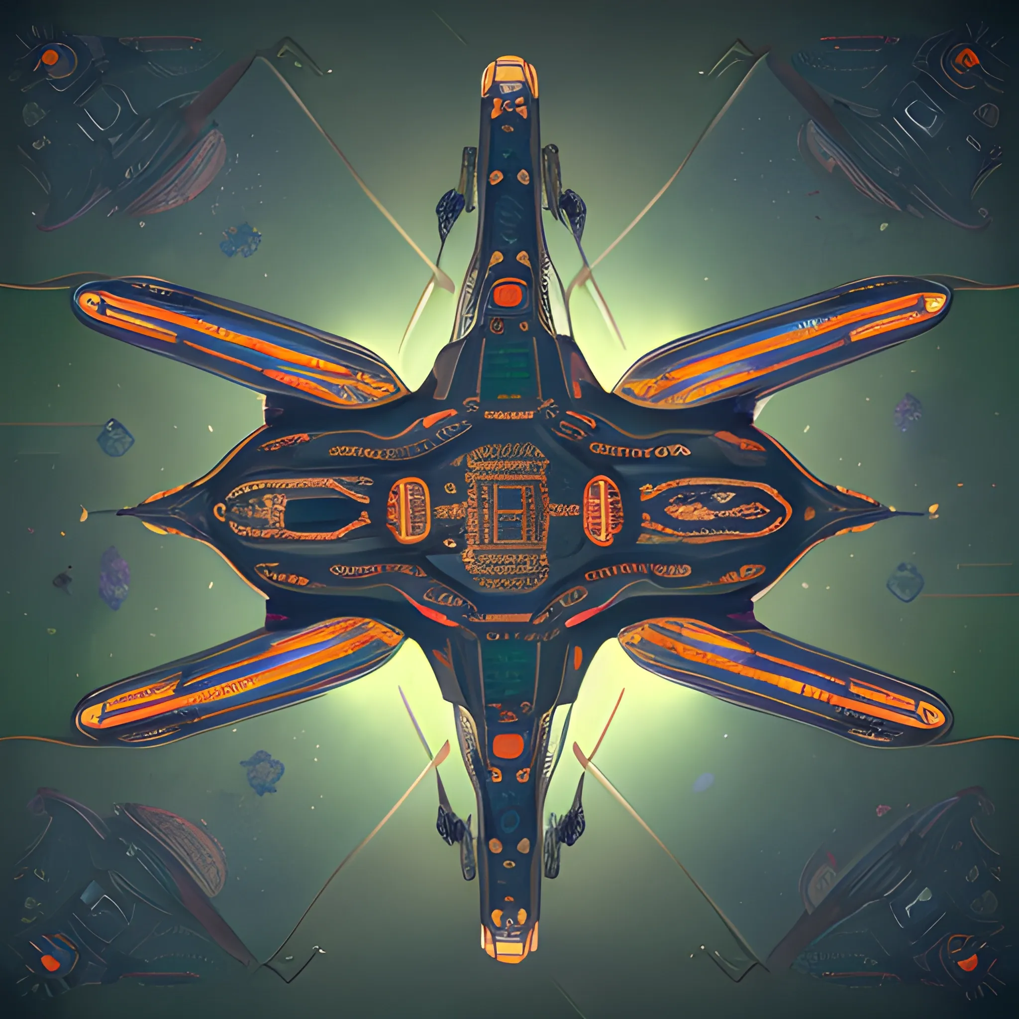 Medieval-futurism, wide shot, gold Enterprise with forest green nacelles and intricate details connected by heavy metal red & blue webbing connecting the body and the 3 tiers of saucers, to each other and the nacelles. Insanely symmetrical. Alien Landscape Photography, warmly glowing Nacelles, cobalt wired industrial materials. Insanely detailed and symmetrical., 3D, Trippy