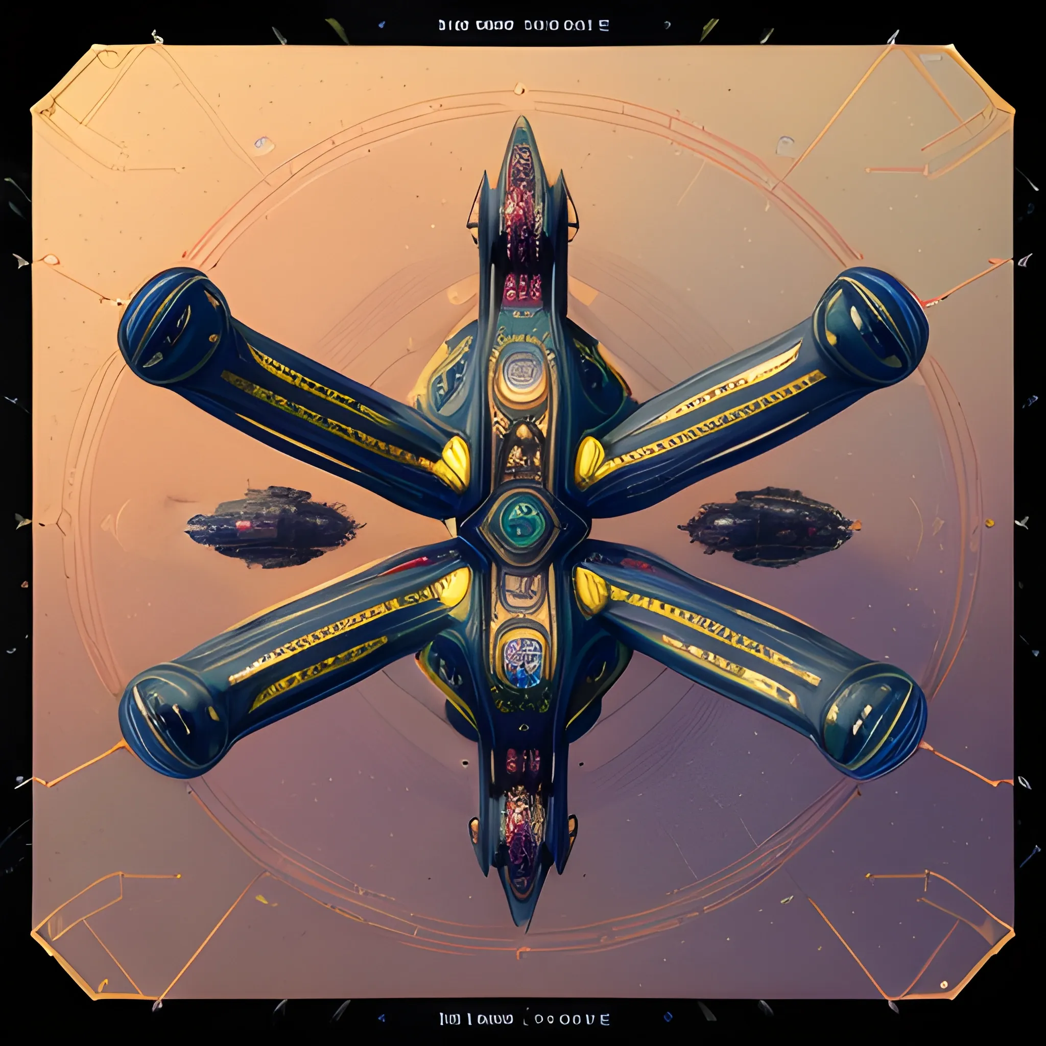 Medieval-futurism, wide shot, gold Enterprise with forest green nacelles and intricate details connected by heavy metal red & blue webbing connecting the body and the 3 tiers of saucers, to each other and the nacelles. Insanely symmetrical. Alien Landscape Photography, warmly glowing Nacelles, cobalt wired industrial materials. Insanely detailed and symmetrical., 3D, Trippy