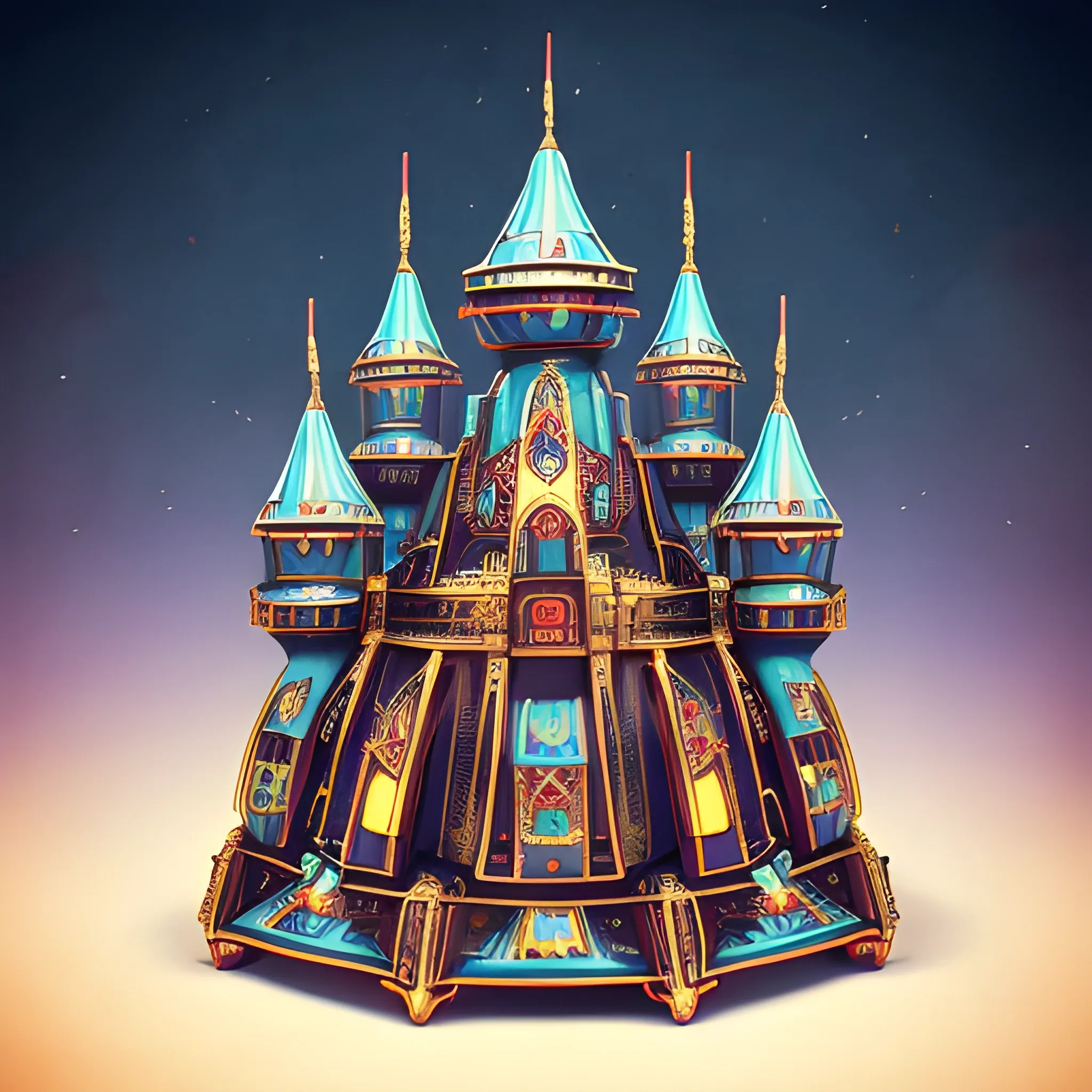 Medieval 🏯🏰castle 🏰 🏯, wide shot, red, white , and blue Enterprise with forest green nacelles and intricate details connected by heavy metal gold webbing connecting the body and the 3 tiers of saucers, to each other and the nacelles. Insanely symmetrical. Alien Landscape Photography, warmly glowing Nacelles, cobalt wired industrial materials. Insanely detailed and symmetrical.