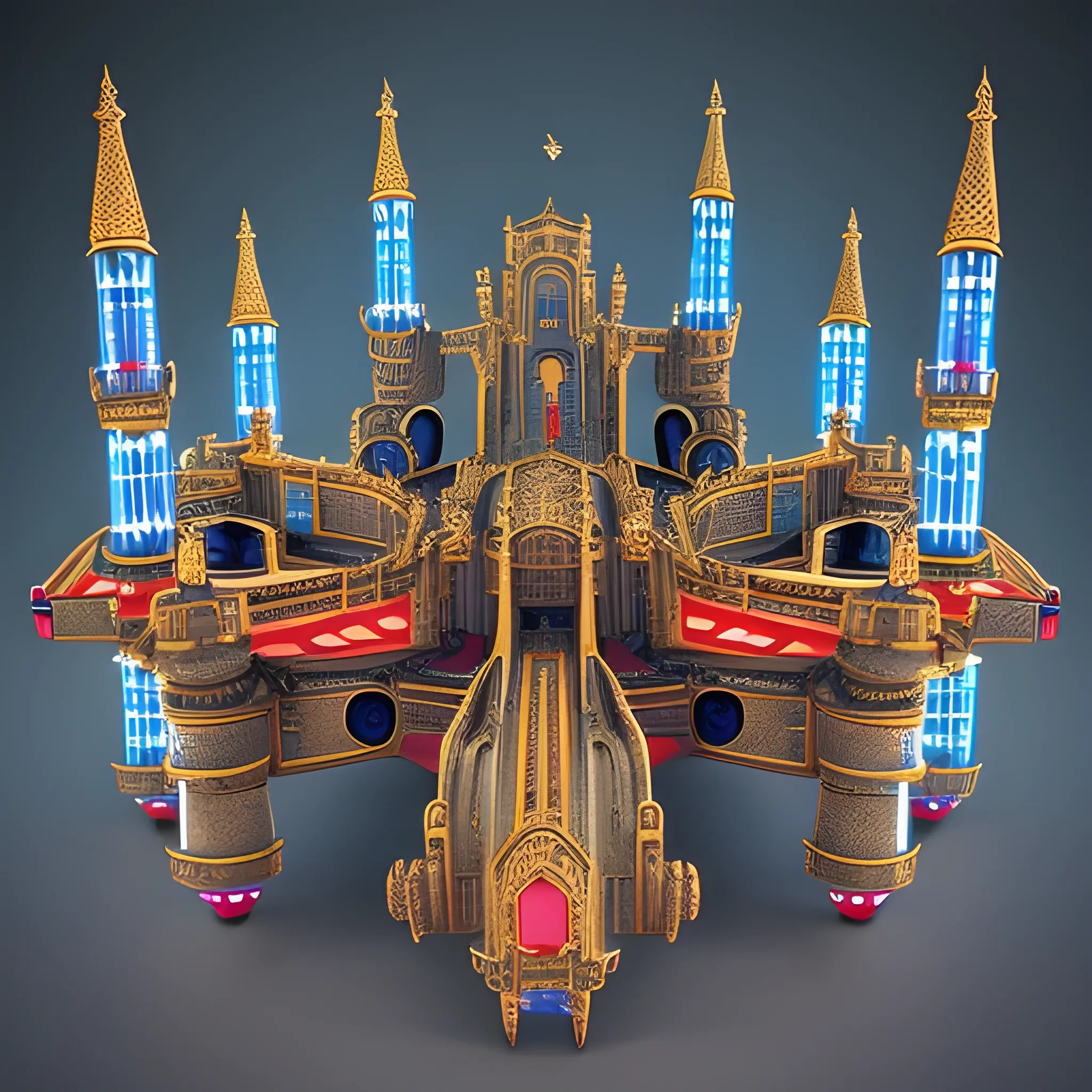 Medieval 🏯🏰castle 🏰 🏯, wide shot, red, white , and blue Enterprise with forest green nacelles and intricate details connected by heavy metal gold webbing connecting the body and the 3 tiers of saucers, to each other and the nacelles. Insanely symmetrical. Alien Landscape Photography, warmly glowing Nacelles, cobalt wired industrial materials. Insanely detailed and symmetrical., 3D, Trippy