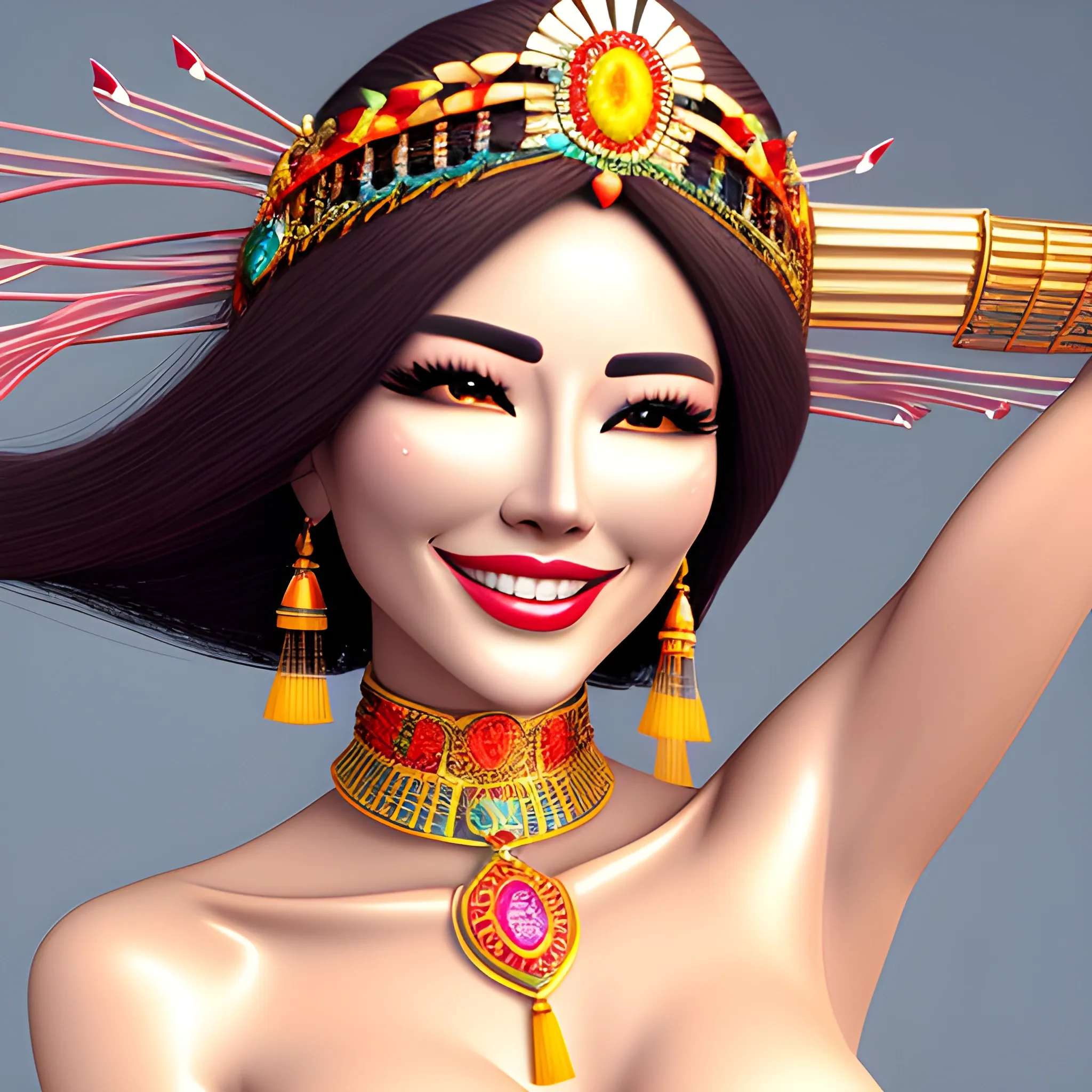 Beautiful and sweet girl, smiling sweet face, perfect skin, pure and real, normal, moisturizing skin, delicate features, beautiful shoulders, beautiful, colorful, exquisite jewelry, gorgeous headdress, slim and tender body, popular, happy smile, dynamic perspective, postmodern style, light Chinese style nude, 3D