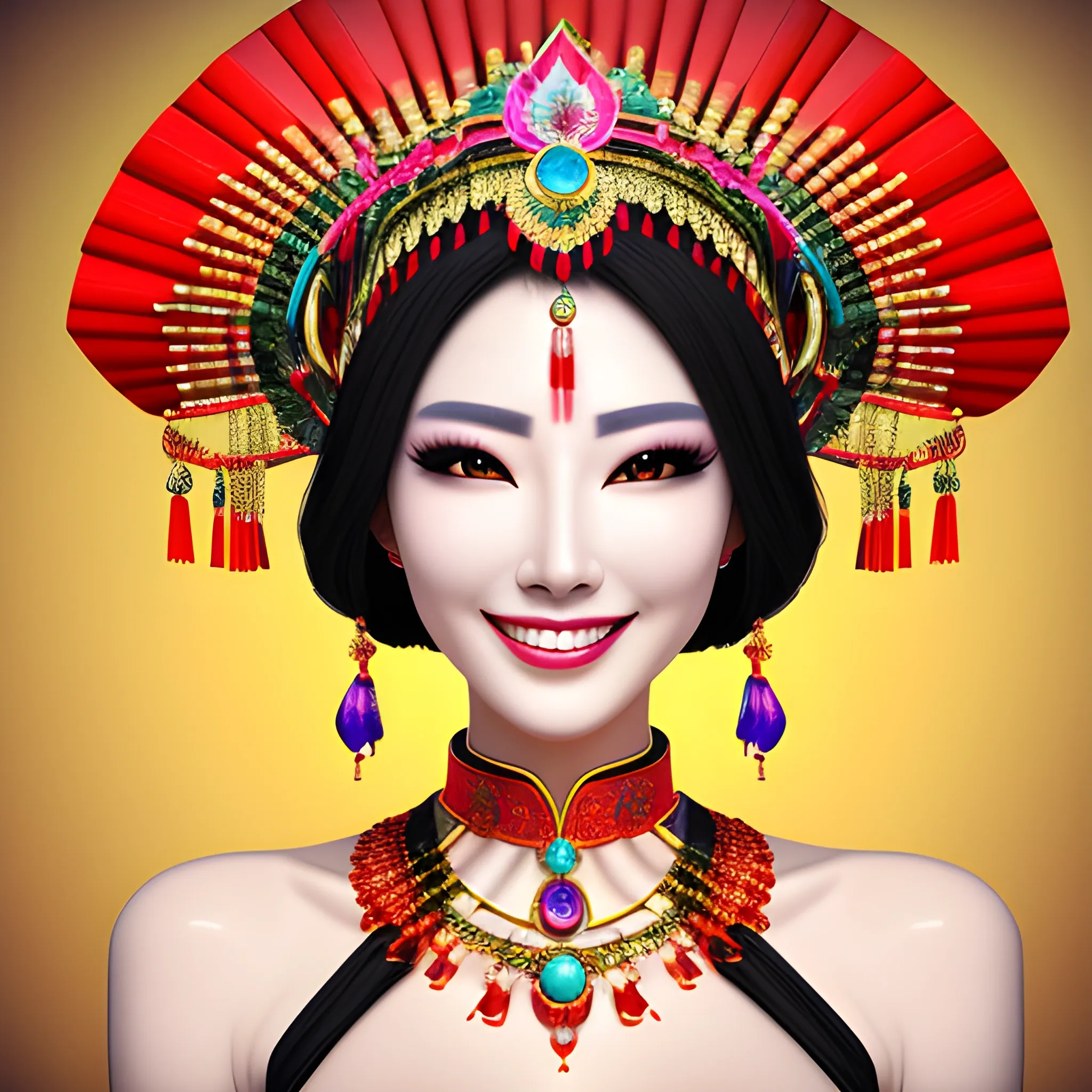 Beautiful and sweet girl, smiling sweet face, perfect skin, pure and real, normal, moisturizing skin, delicate features, beautiful shoulders, beautiful, colorful, exquisite jewelry, gorgeous headdress, slim and tender body, popular, happy smile, dynamic perspective, postmodern style, light Chinese style,underwear, 3D