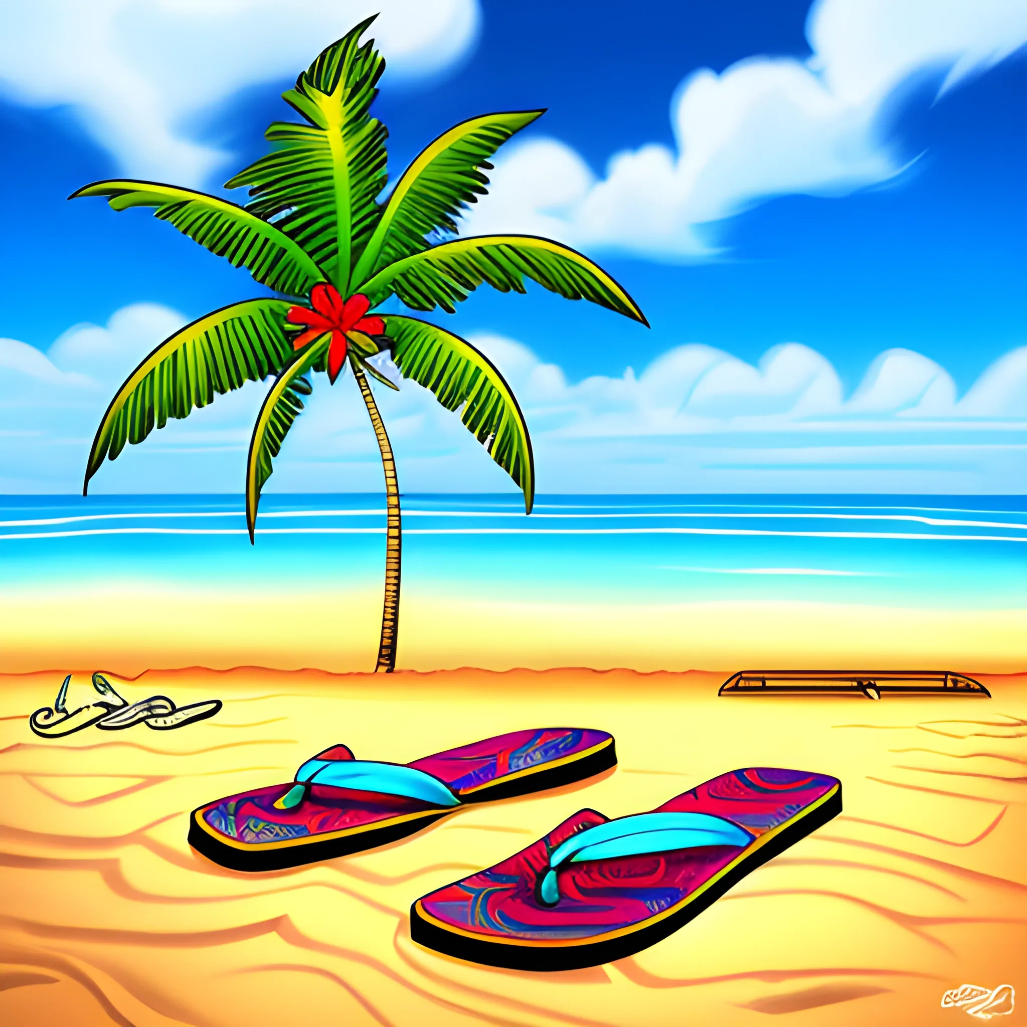 a tropical beach seen. flipflops, surfboards in the sand. ocean waves, blue skies, palmtrees, and a old school stereo in the style of sailor jerry + opie ortiz + ed hardy. american traditional tattoo, neo traditional, Cartoon