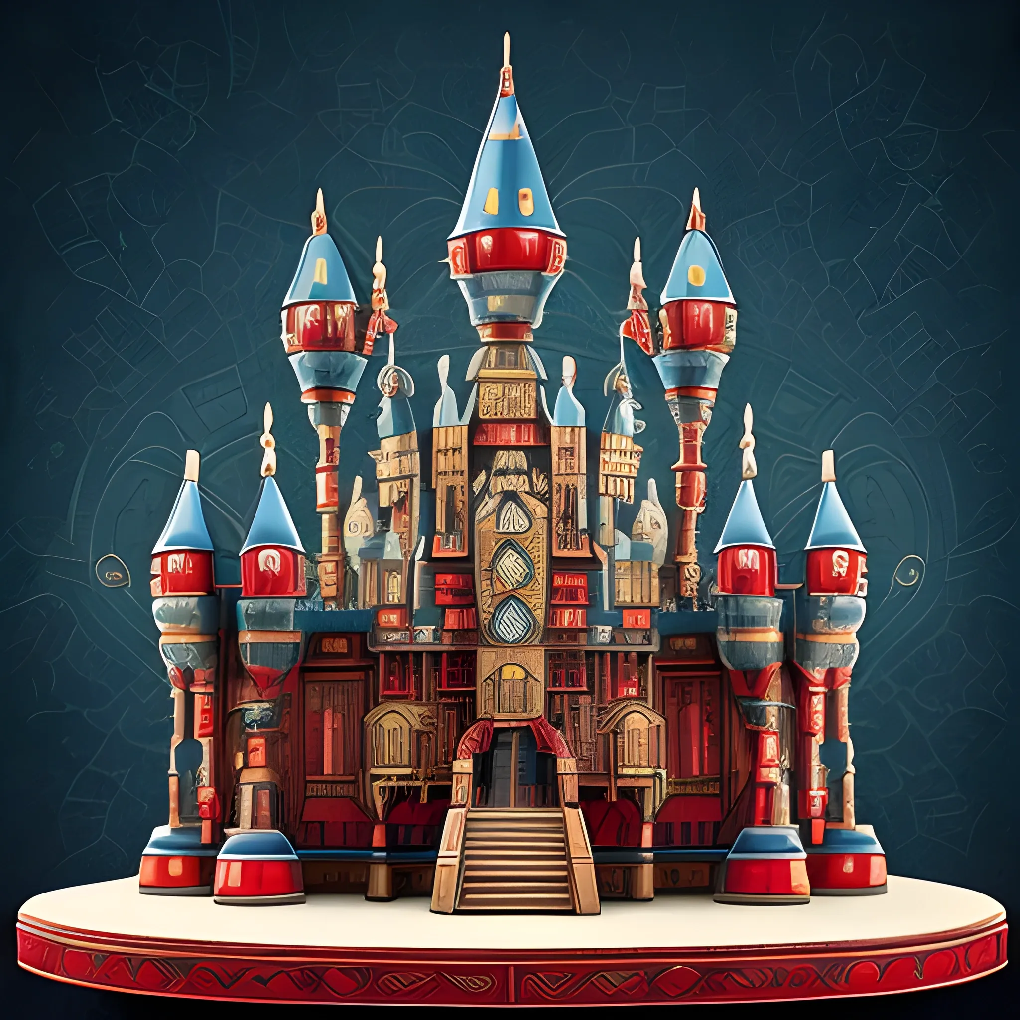 Medieval 🏯🏰castle 🏰 🏯, wide shot, red, white , and blue Enterprise with forest green nacelles and intricate details connected by heavy metal gold webbing connecting the body and the 3 tiers of saucers, to each other and the nacelles. Insanely symmetrical. Alien Landscape Photography, warmly glowing Nacelles, cobalt wired industrial materials. Insanely detailed and symmetrical., Cartoon