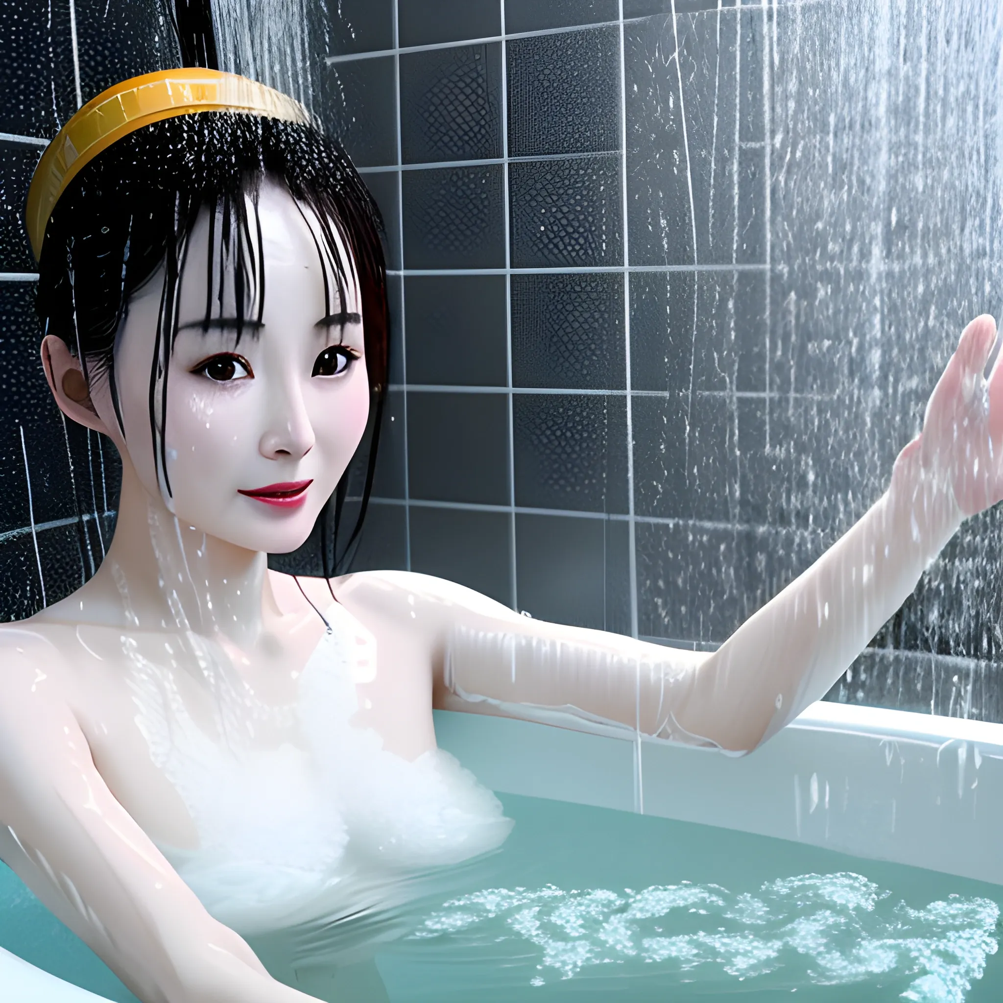 Yang mi taking a bath in the shower , 3D, image quality 4k, real