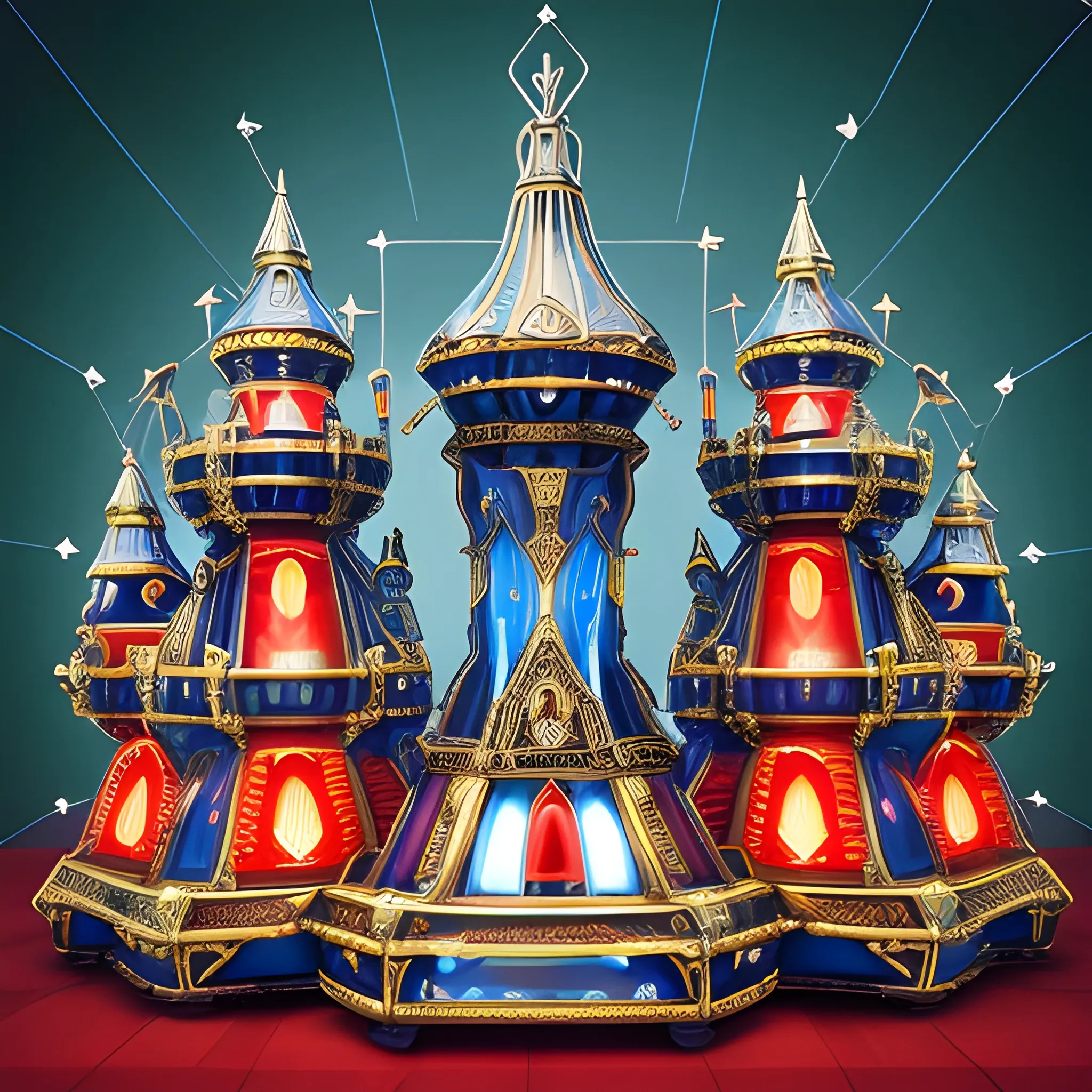 Medieval 🏯🏰castle 🏰 🏯, wide shot, red, white , and blue Enterprise with forest green nacelles and intricate details connected by heavy metal gold webbing connecting the body and the 3 tiers of saucers, to each other and the nacelles. Insanely symmetrical. Alien Landscape Photography, warmly glowing Nacelles, cobalt wired industrial materials. Insanely detailed and symmetrical. Vibrant Diamond 