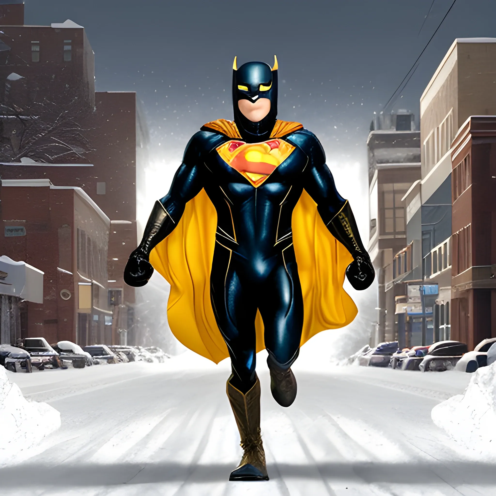 A mysterious male Superhero soaring through the air above snow-covered Dwight St. of Holyoke MA. The hero, standing 5'6" and weighing at a muscular 175 lbs, is clad in dark gold armor with a cowl concealing his identity. A striking frog emblem dominates the chest of the hero's suit. In his wake, a trail of fiery dust is scattered through the air, signifying the power and speed of this enigmatic figure.