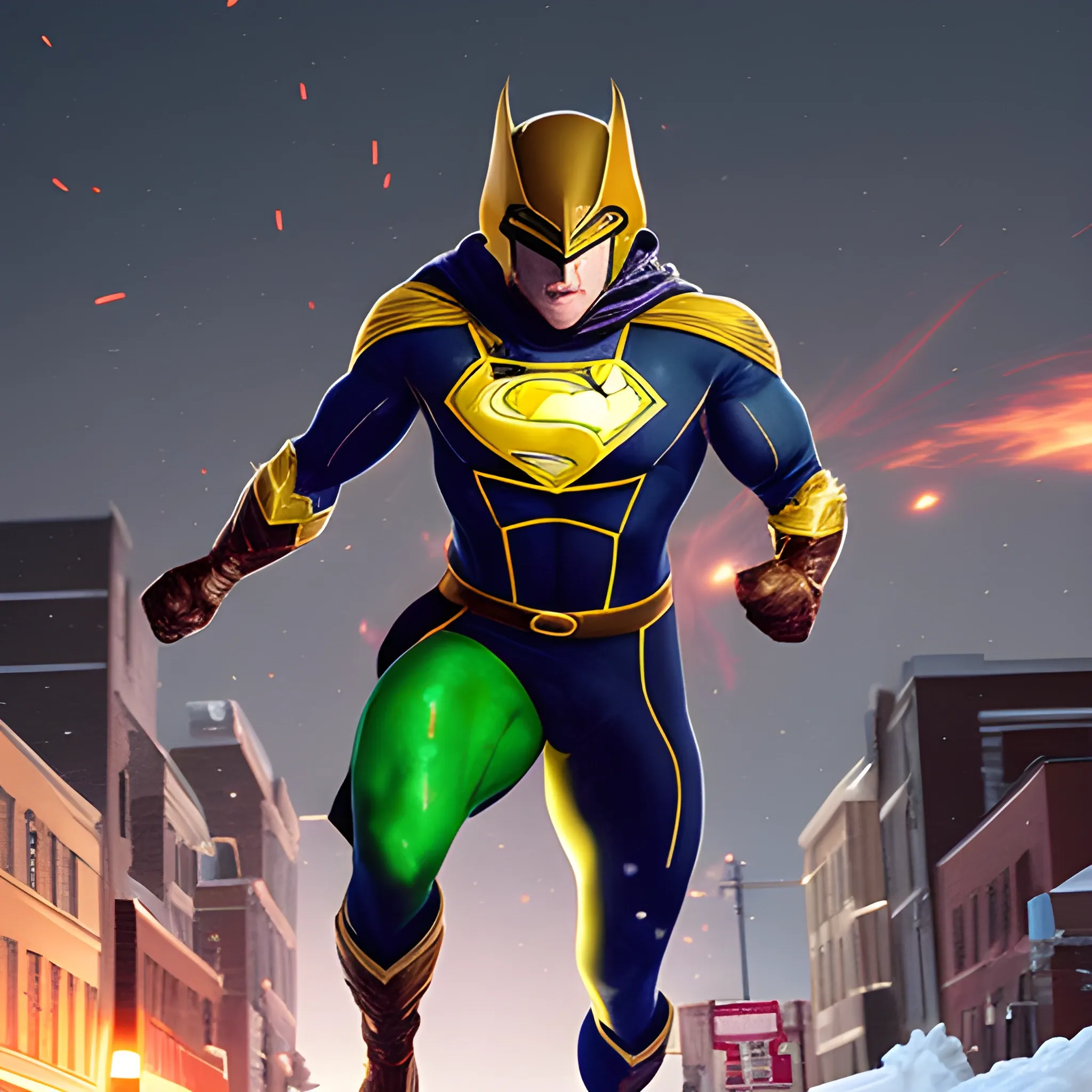 A mysterious male Superhero soaring through the air above snow-covered Dwight St. of Holyoke MA. The hero, standing 5'6" and weighing at a muscular 175 lbs, is clad in dark gold armor & light green matte with a cowl concealing his identity. A striking frog emblem dominates the chest of the hero's suit. In his wake, a trail of fiery dust is scattered through the air, signifying the power and speed of this enigmatic figure.