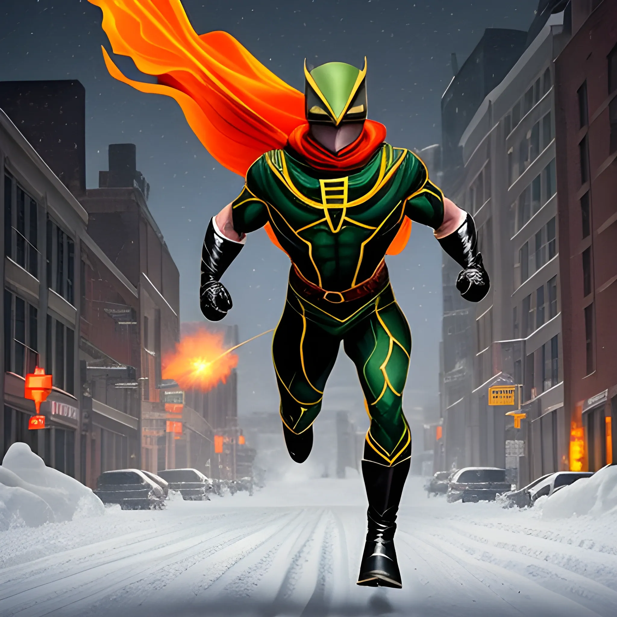 A mysterious male Superhero soaring through the air above snow-covered Dwight St. of Holyoke MA. The hero, standing 5'6" and weighing at a muscular 175 lbs, is clad in dark gold armor & light green matte with a cowl concealing his identity. A striking frog emblem dominates the chest of the hero's suit. In his wake, a trail of fiery dust is scattered through the air, signifying the power and speed of this enigmatic figure.