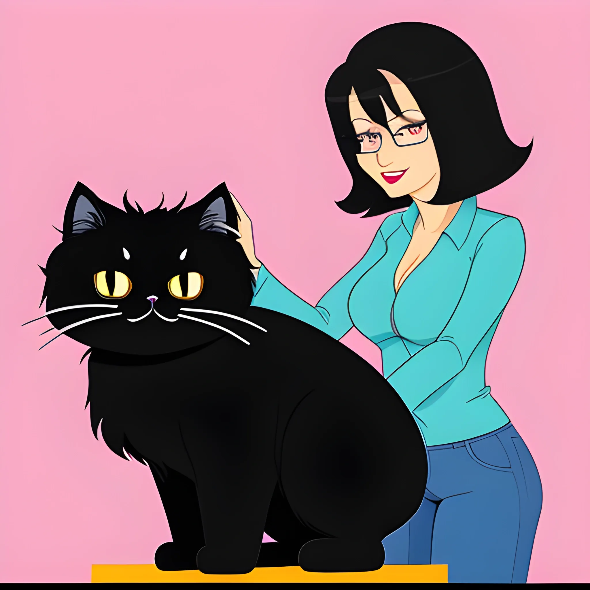 Cute black Persian Cat petting a small kid. cartoon