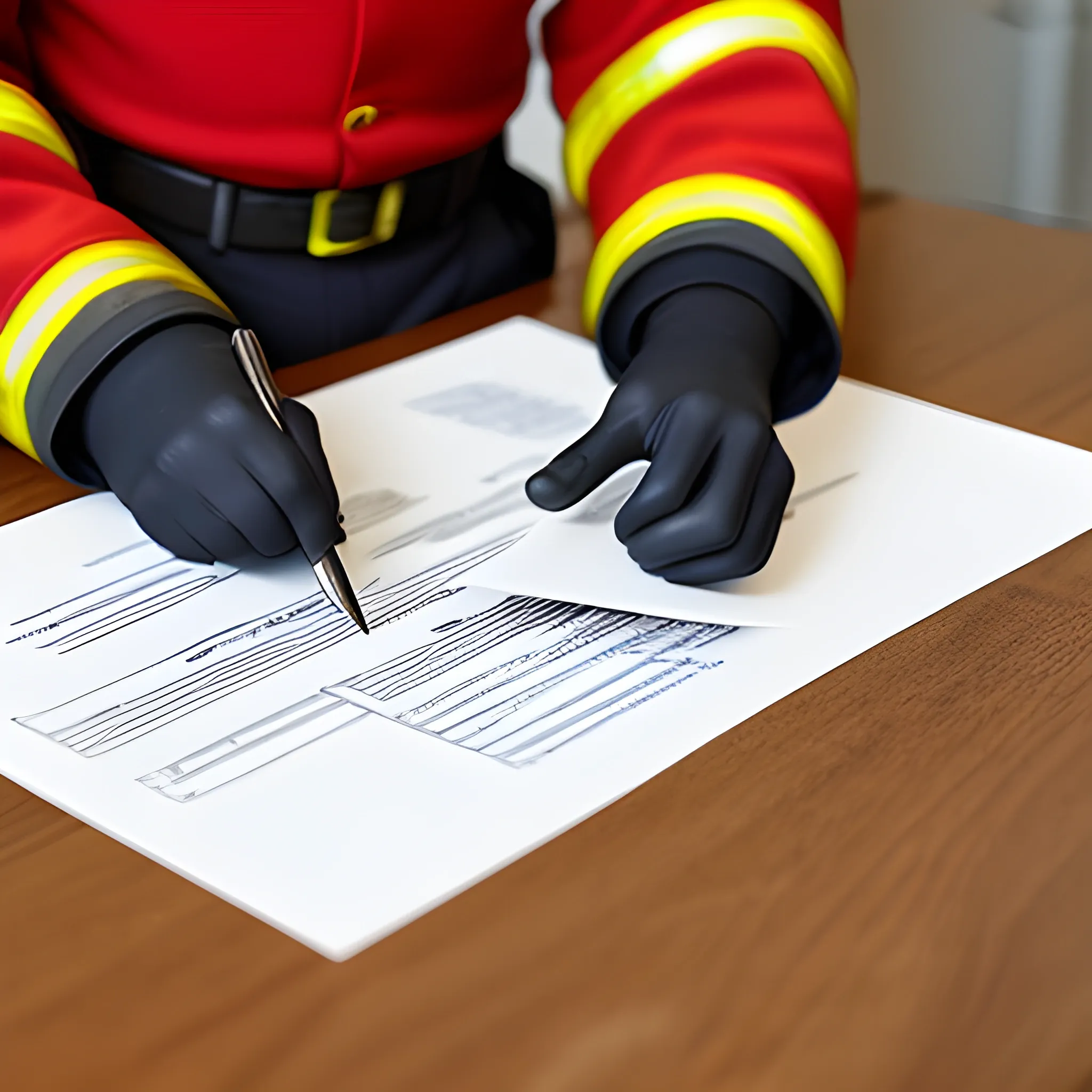 firefighter analising documents in table not fire 

