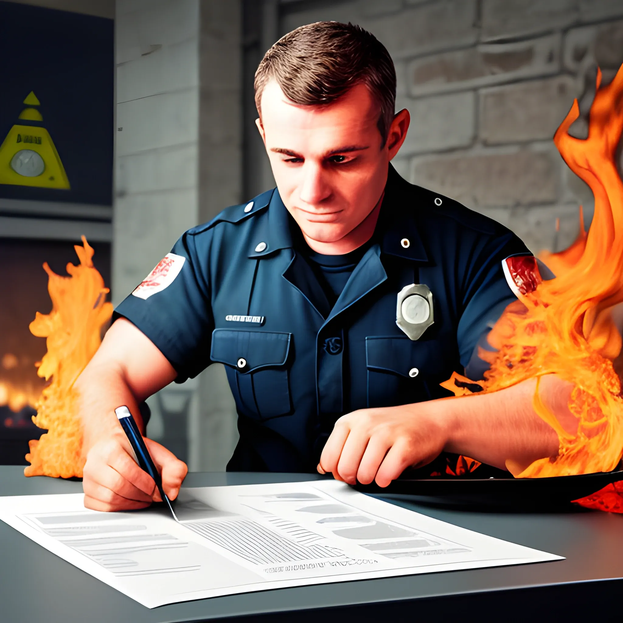 firefighter with social analising documents in table not fire 


