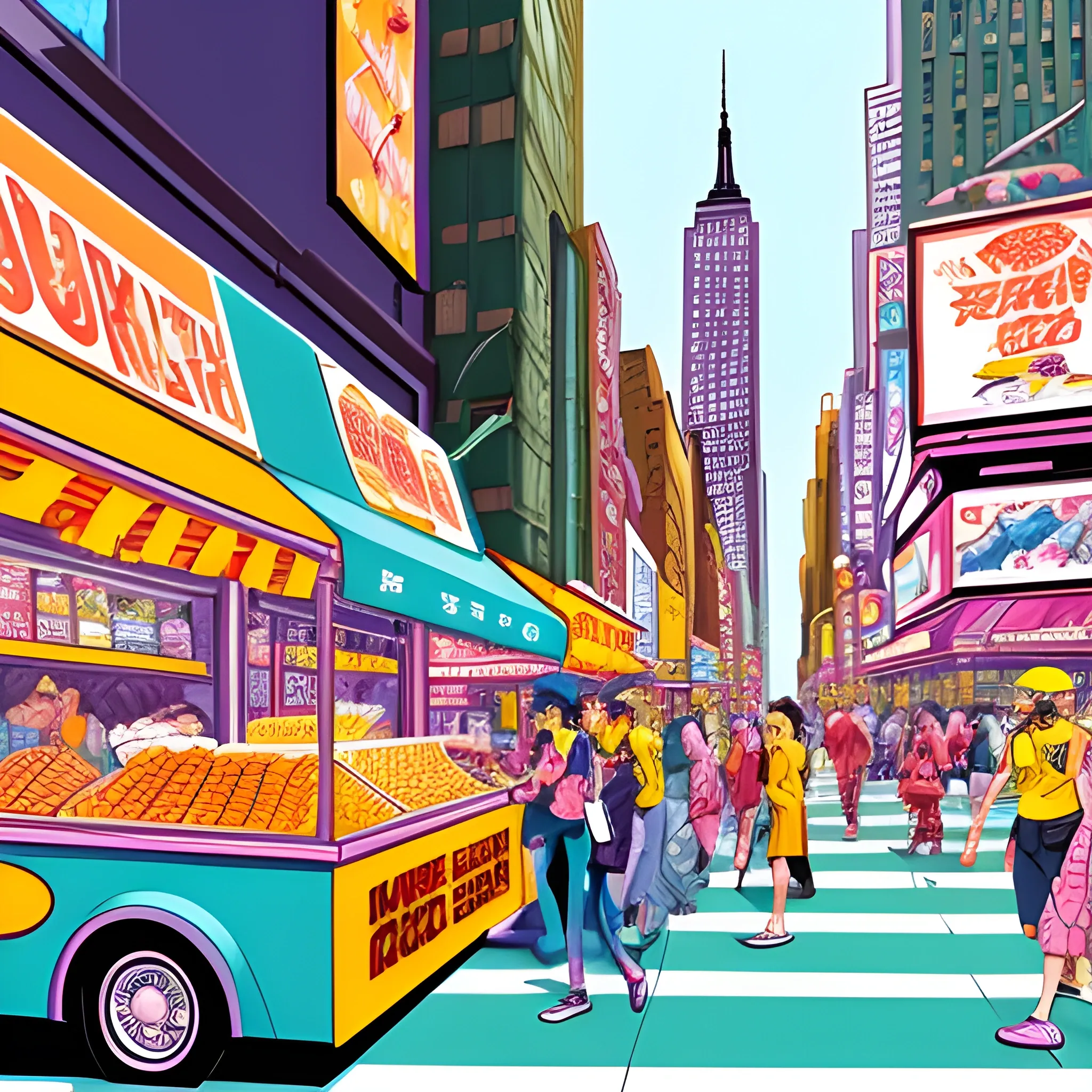 “Illustrate a bustling New York City street scene in vibrant manga style, featuring a hotdog stand with a signboard prominently displaying ‘JUICY BEEF’ in bold, eye-catching English letters. The hotdog stand should be detailed with steaming food and a busy vendor. Surrounding the stand, incorporate a diverse group of people walking on the street, each with distinct, expressive features typical of manga art. Some passersby should be stopping to buy hotdogs, while others go about their day. Include a grocery store in the background with an inviting storefront, colorful produce displayed outside, and a visible entrance. The street should have additional New York elements, such as yellow cabs, tall buildings, and street signs, all depicted in a lively and energetic manga style with bright, vivid colors and dynamic compositions.”