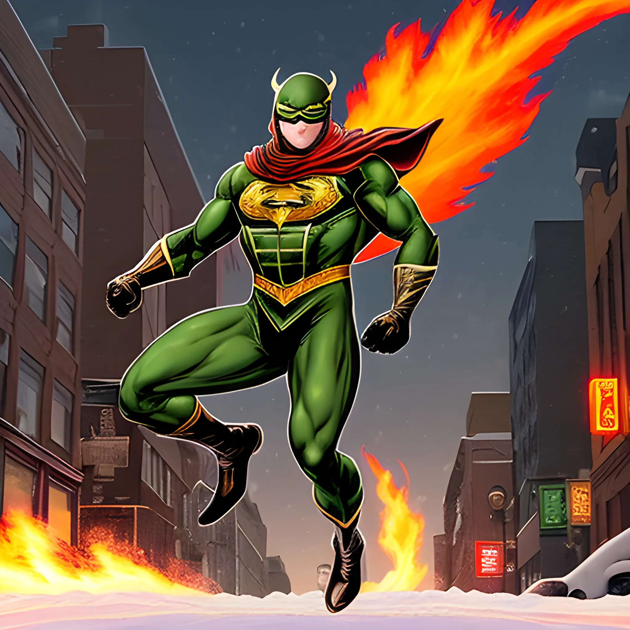 A mysterious male Superhero soaring through the air above snow-covered Dwight St. of Holyoke MA. The hero, standing 5'6" and weighing at a muscular 180 lbs, is clad in dark gold armor & light green matte with a cowl concealing his identity. A striking frog emblem dominates the chest of the hero's suit. In his wake, a trail of fiery dust is scattered through the air, signifying the power and speed of this enigmatic figure.