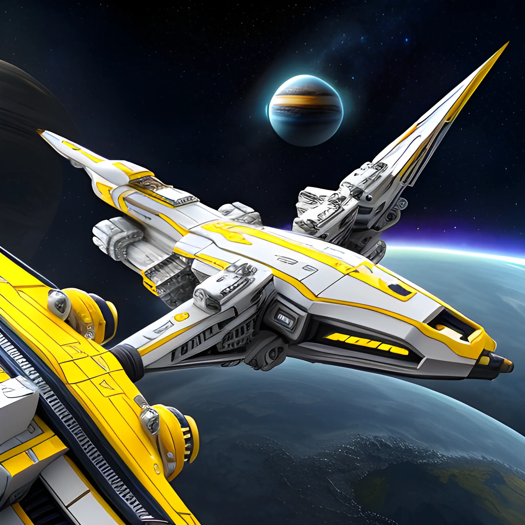 <lora:Starships And More:1.0> <lora:Objects In Space:1.0> A stunning 750 UHD 4D render of a futuristic yellow royalpunk starship, designed with intricate details, exterior weaponry, and other such things.Two diamond sneaker nacelles are yellow. The starship is in orbit of a giant Titan-size-Earth-esque planet.Babylon 5 G'Quan Heavy Cruiser