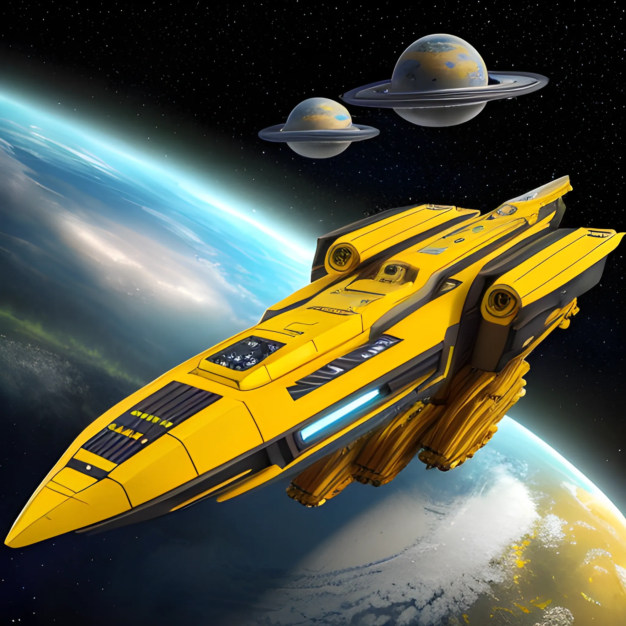 <lora:Starships And More:1.0> <lora:Objects In Space:1.0> A stunning 750 UHD 4D render of a futuristic yellow royalpunk starship, designed with intricate details, exterior weaponry, and other such things.Two diamond sneaker nacelles are yellow. The starship is in orbit of a giant Titan-size-Earth-esque planet.Babylon 5 G'Quan Heavy Cruiser