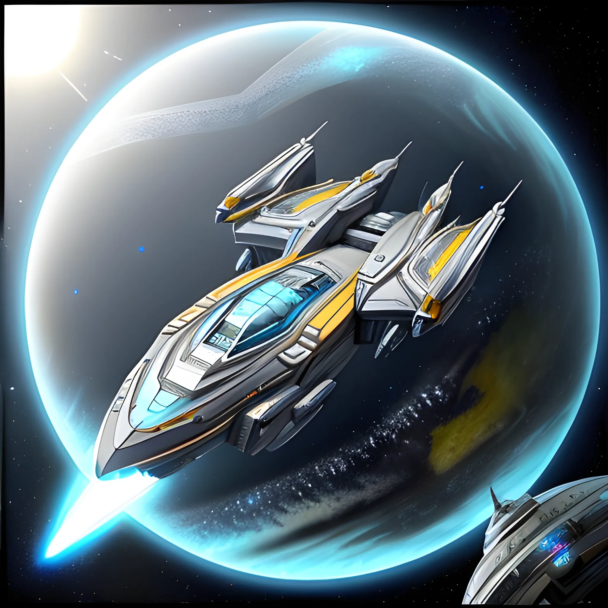 <lora:Starships And More:1.0> <lora:Objects In Space:1.0> A stunning 750 UHD 4D render of a futuristic yellow royalpunk starship, designed with intricate details, exterior weaponry, and other such things.Two diamond sneaker nacelles are yellow. The starship is in orbit of a giant Titan-size-Earth-esque planet.Babylon 5 G'Quan Heavy Cruiser. (((There's a massive chrome silver 🏰🏯castle 🏰 🏯, with  diamond stained windows, at the center of the ship.)))Two bright vibrant blue crystal nacelles. The starship is in orbit of a giant Titan-size-Earth-esque planet.Babylon 5 G'Quan Heavy Cruiser combined with a futuristic Winnebago.