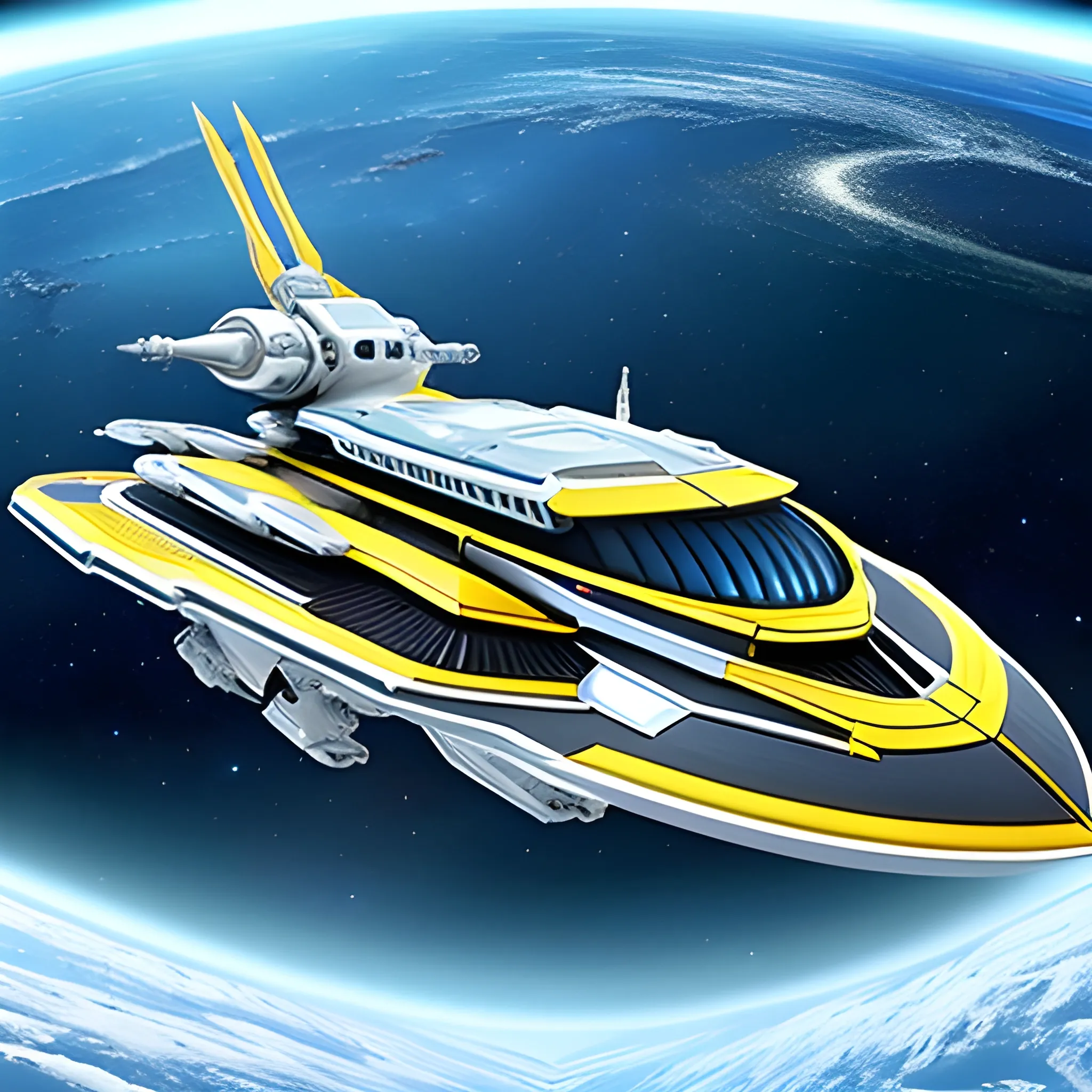 <lora:Starships And More:1.0> <lora:Objects In Space:1.0> A stunning 750 UHD 4D render of a futuristic yellow royalpunk starship, designed with intricate details, exterior weaponry, and other such things.Two diamond sneaker nacelles are yellow. The starship is in orbit of a giant Titan-size-Earth-esque planet.Babylon 5 G'Quan Heavy Cruiser. (((There's a massive chrome silver 🏰🏯castle 🏰 🏯, with  diamond stained windows, at the center of the ship.)))Two bright vibrant blue crystal nacelles. The starship is in orbit of a giant Titan-size-Earth-esque planet.Babylon 5 G'Quan Heavy Cruiser combined with a futuristic Winnebago.