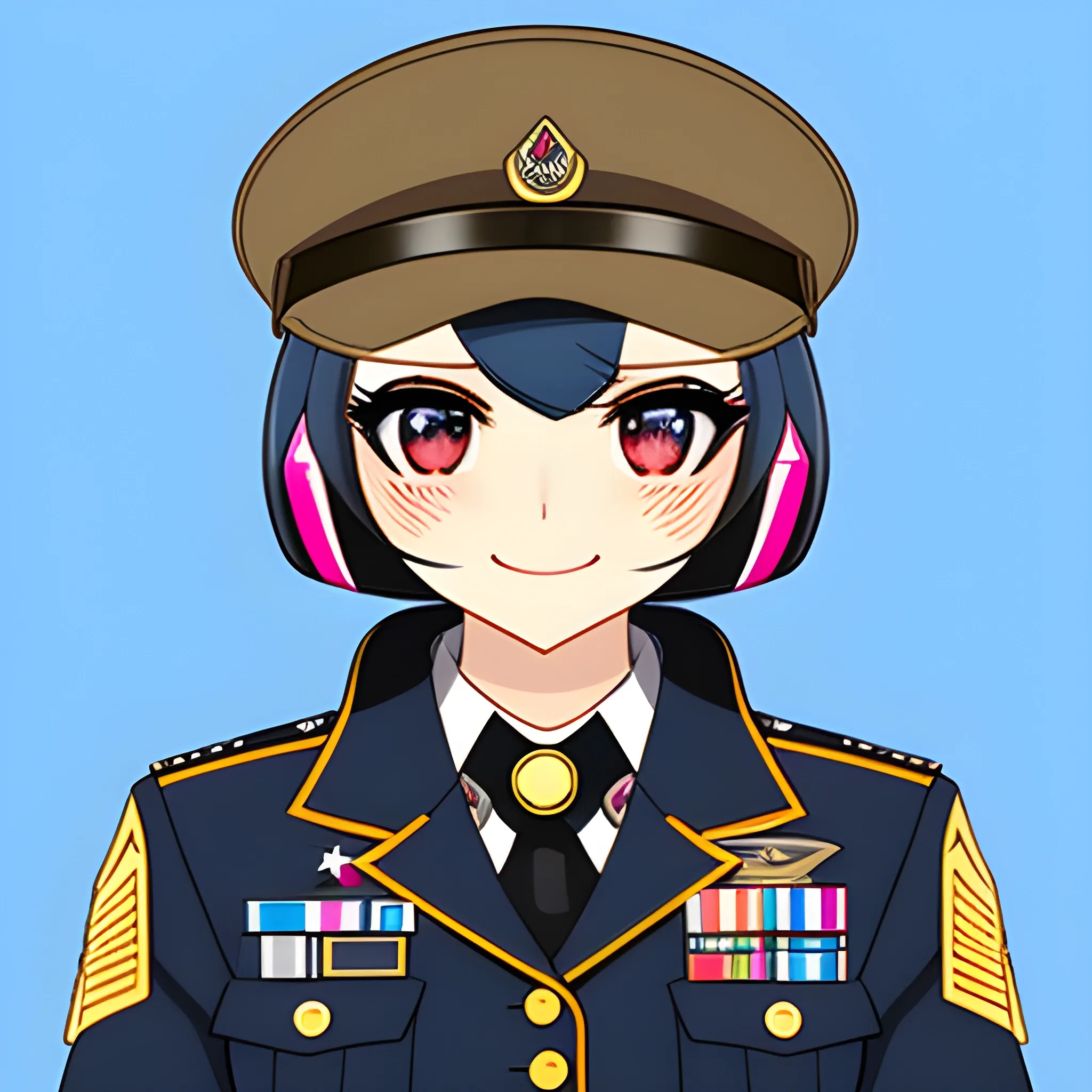 Head and Face:

Head: Large, round head with a cute, expressive face. Big, sparkly eyes and a small, cheerful smile.
Hat/Cap: A small, fitted cap or helmet with a prominent badge or insignia.
Uniform:

Jacket: A bright, colorful military jacket with exaggerated, rounded shapes. The jacket should be adorned with numerous badges, including stars, stripes, and medals.
Pants: Matching, slightly oversized pants with a simple, playful cut.
Boots: Chunky, rounded boots with a slightly glossy finish to emphasize their chibi style.
Accessories:

Badges: Cover the uniform with various badges—some on the chest, sleeves, and collar. They can be colorful and varied, including stars, chevrons, and ribbons.
Gloves: Simple, rounded gloves that match the uniform.
Pose and Expression:

Pose: A confident and cheerful stance, maybe with a hand on the hip or a salute. The soldier could be holding a tiny, cute weapon or an accessory related to their role.
Expression: Happy and determined, with wide eyes and a big smile to match the chibi style.
Background:

Simple and colorful: A basic background that complements the soldier’s outfit—perhaps a military base or a cheerful, non-distracting color.