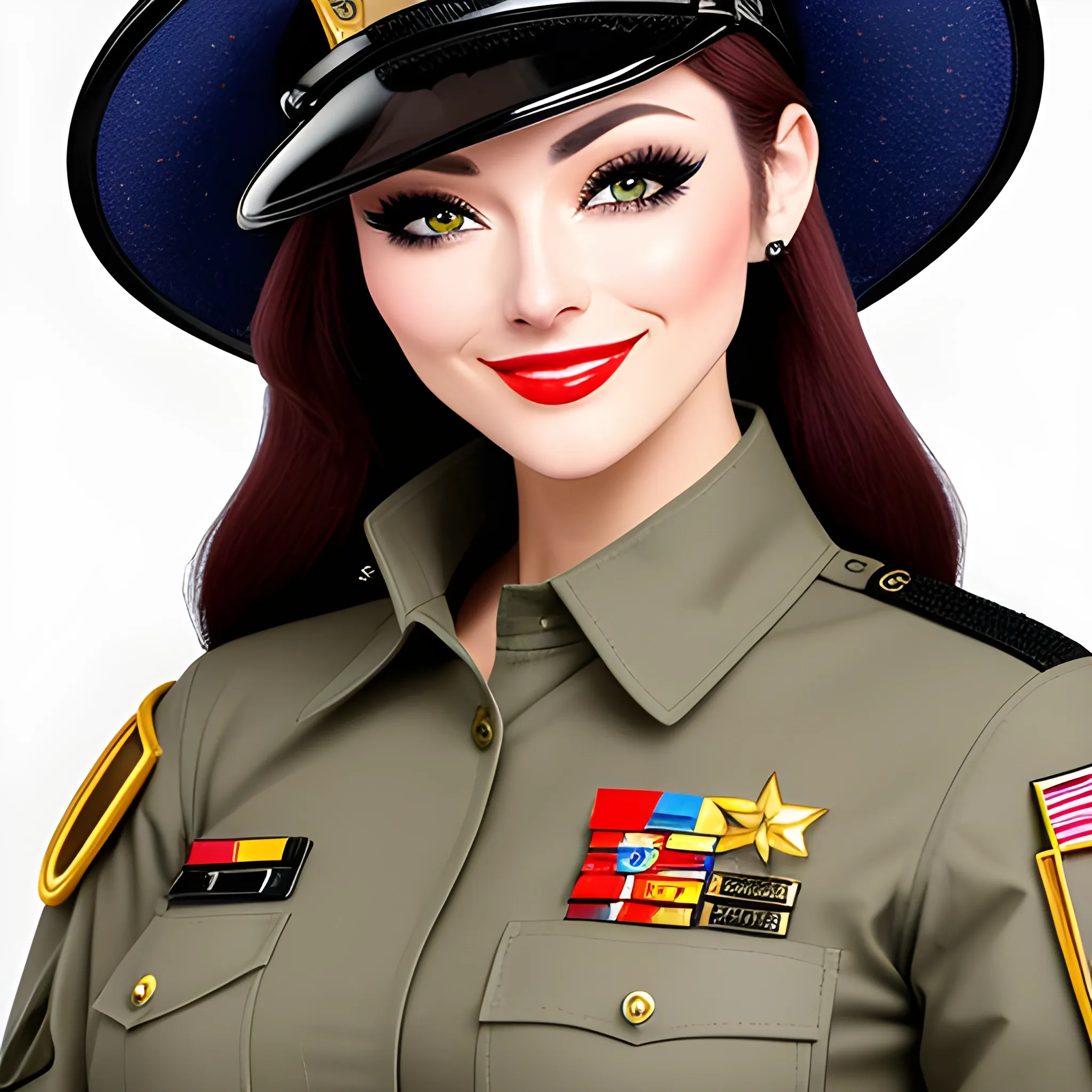 Head and Face:

Head: Large, round head with a cute, expressive face. Big, sparkly eyes and a small, cheerful smile.
Hat/Cap: A small, fitted cap or helmet with a prominent badge or insignia.
Uniform:

Jacket: A bright, colorful military jacket with exaggerated, rounded shapes. The jacket should be adorned with numerous badges, including stars, stripes, and medals.
Pants: Matching, slightly oversized pants with a simple, playful cut.
Boots: Chunky, rounded boots with a slightly glossy finish to emphasize their chibi style.
Accessories:

Badges: Cover the uniform with various badges—some on the chest, sleeves, and collar. They can be colorful and varied, including stars, chevrons, and ribbons.
Gloves: Simple, rounded gloves that match the uniform.
Pose and Expression:

Pose: A confident and cheerful stance, maybe with a hand on the hip or a salute. The soldier could be holding a tiny, cute weapon or an accessory related to their role.
Expression: Happy and determined, with wide eyes and a big smile to match the chibi style.
Background:

Simple and colorful: A basic background that complements the soldier’s outfit—perhaps a military base or a cheerful, non-distracting color.

gender: Male