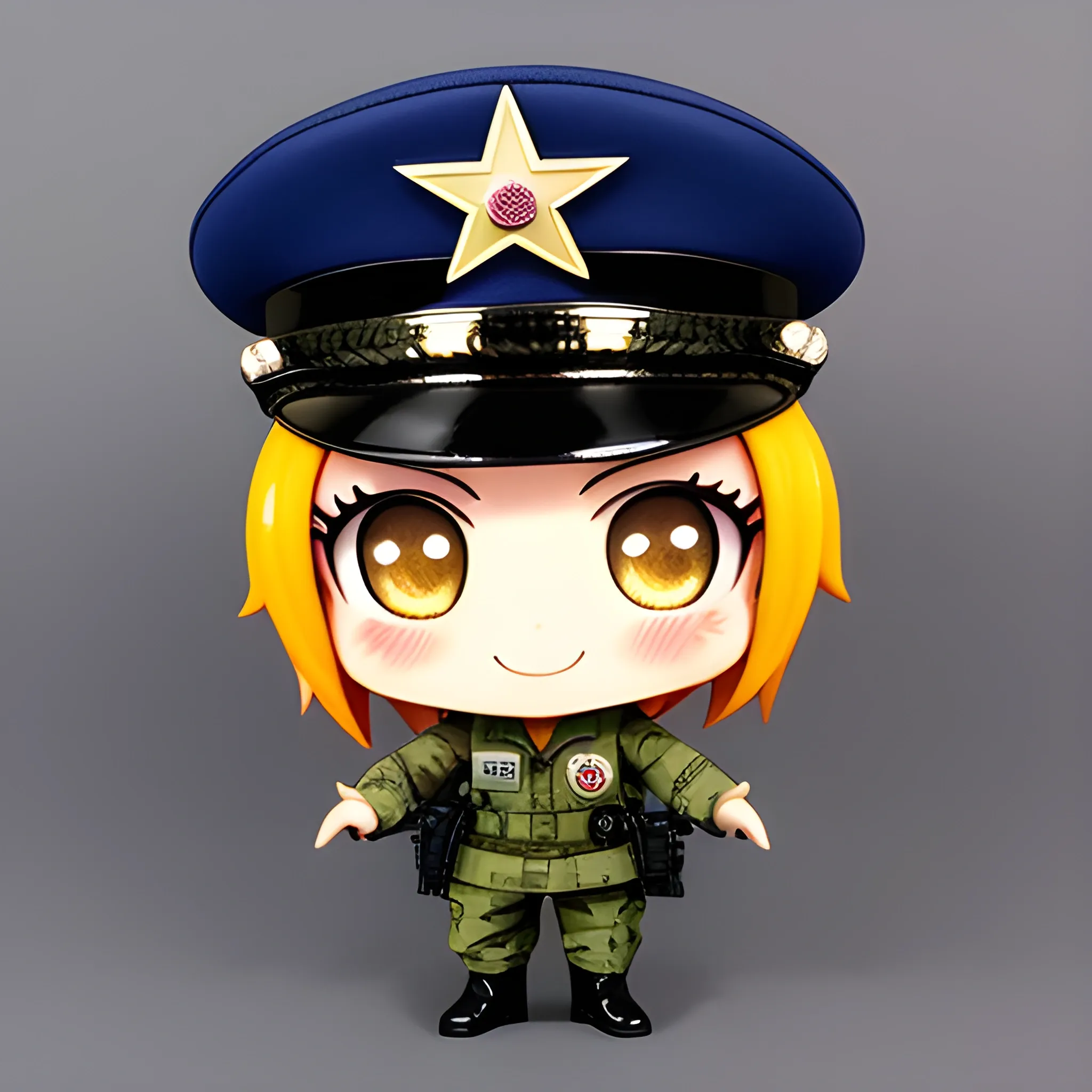 Head and Face:

Head: Large, round head with a cute, expressive face. Big, sparkly eyes and a small, cheerful smile.
Hat/Cap: A small, fitted cap or helmet with a prominent badge or insignia.
Uniform:

Jacket: A bright, colorful military jacket with exaggerated, rounded shapes. The jacket should be adorned with numerous badges, including stars, stripes, and medals.
Pants: Matching, slightly oversized pants with a simple, playful cut.
Boots: Chunky, rounded boots with a slightly glossy finish to emphasize their chibi style.
Accessories:

Badges: Cover the uniform with various badges—some on the chest, sleeves, and collar. They can be colorful and varied, including stars, chevrons, and ribbons.
Gloves: Simple, rounded gloves that match the uniform.
Pose and Expression:

Pose: A confident and cheerful stance, maybe with a hand on the hip or a salute. The soldier could be holding a tiny, cute weapon or an accessory related to their role.
Expression: Happy and determined, with wide eyes and a big smile to match the chibi style.
Background:

Simple and colorful: A basic background that complements the soldier’s outfit—perhaps a military base or a cheerful, non-distracting color.

gender: Male