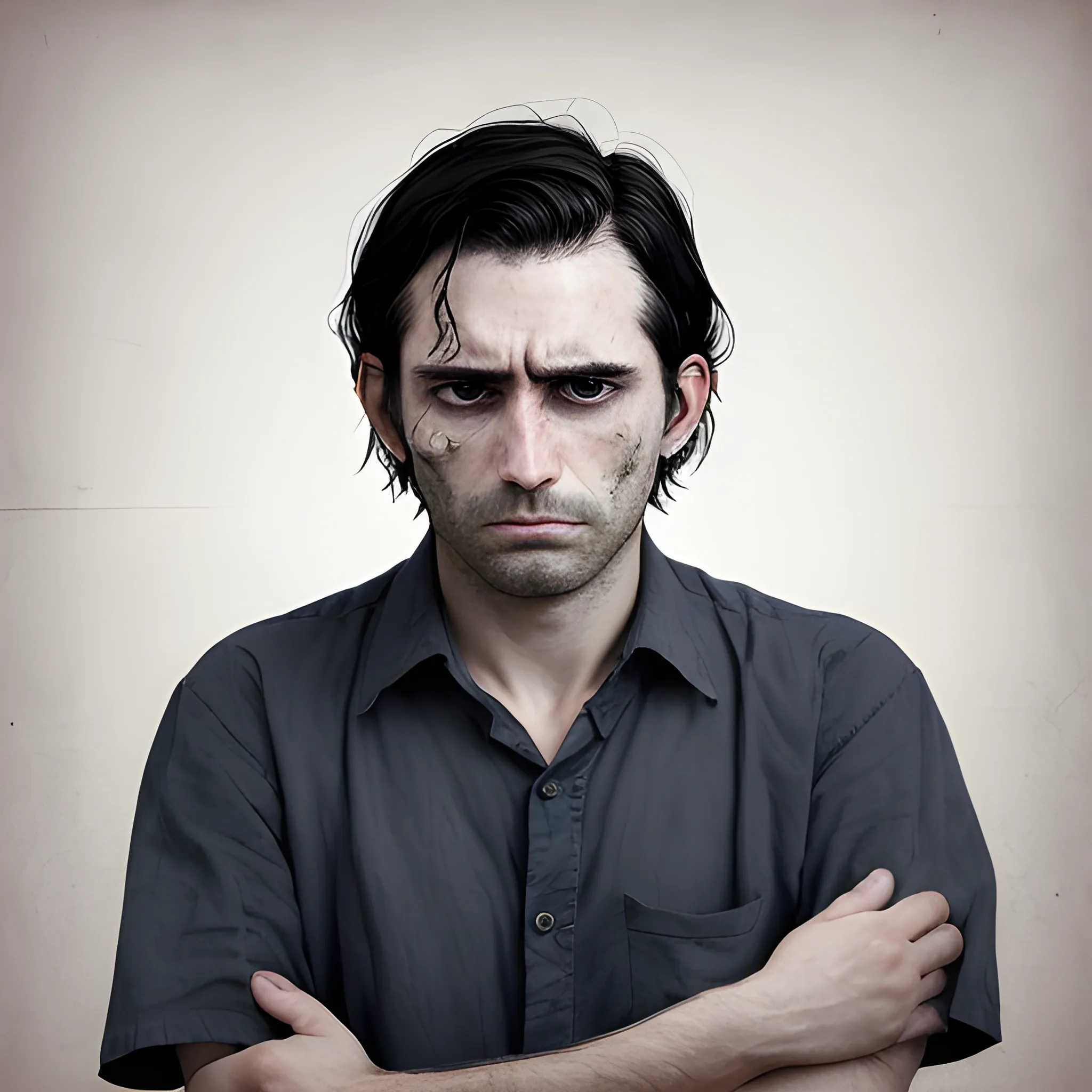 
A man in his mid-30s with short, unkempt dark hair and a slight stubble on his face. He has a pale complexion, with tired, sunken eyes that reflect deep sorrow. His expression is somber, and he is dressed in a simple, slightly wrinkled white shirt and dark trousers. His posture is slouched, conveying a sense of defeat or despair.