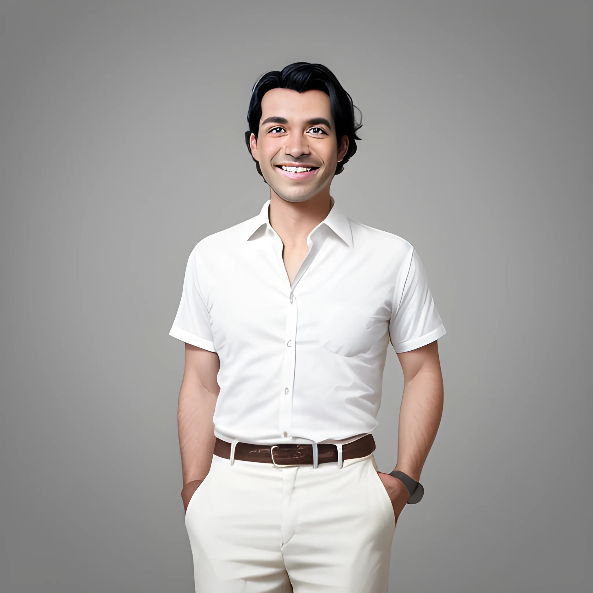 A man in his mid-30s with neatly trimmed black hair and a warm smile on his face. He has a healthy complexion, and his eyes are bright and full of life, reflecting joy and contentment. He is dressed in a clean and comfortable white shirt and light-colored trousers, giving off a relaxed and easygoing vibe. He stands tall with a confident posture, exuding a positive and uplifting energy.