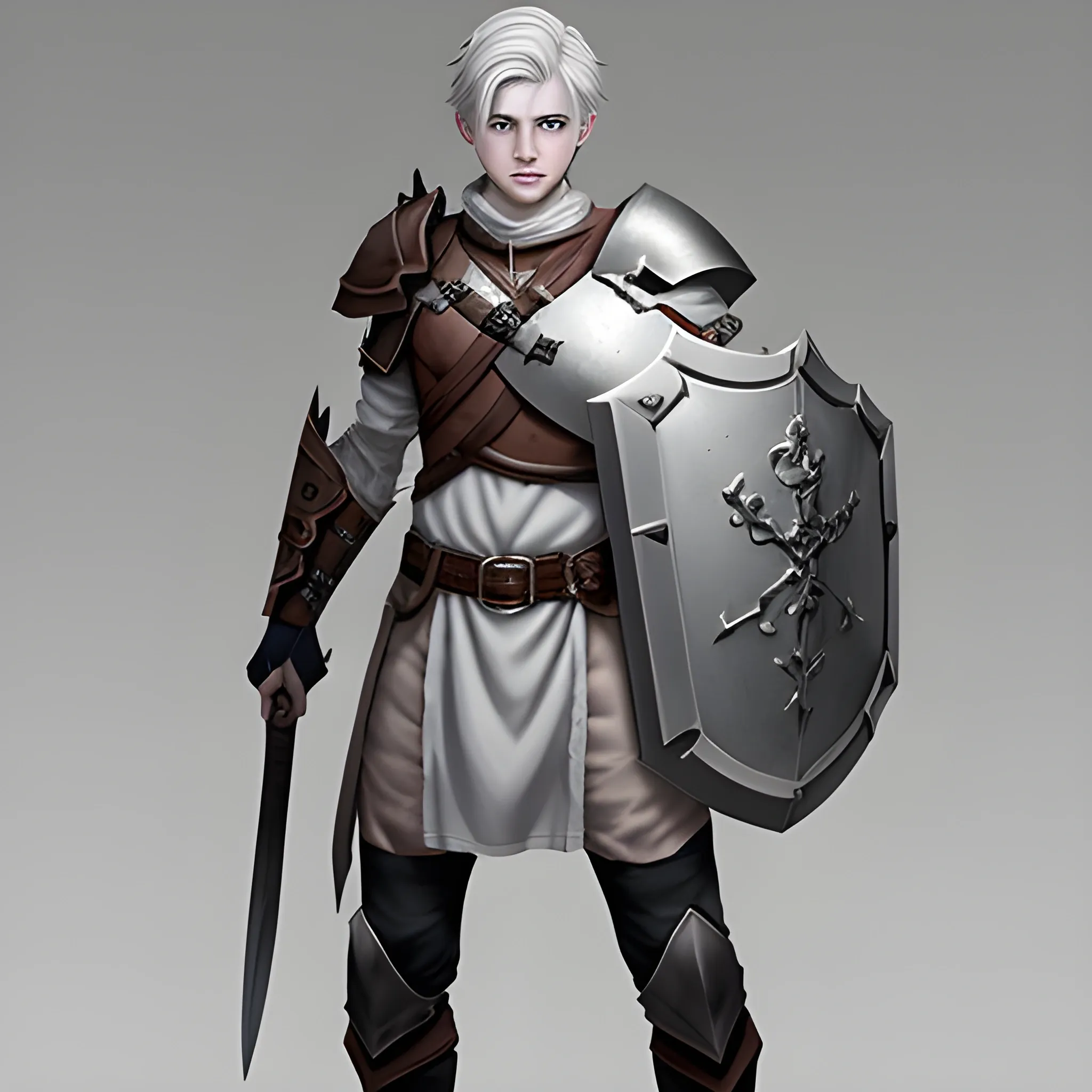 Dnd character, human male, gray hair, pale skin, 20 years old, show standing up, holding a shield and a warhammer, no armour only ragged cloths . Show upper body on image, body slim. Do not use NSFW content