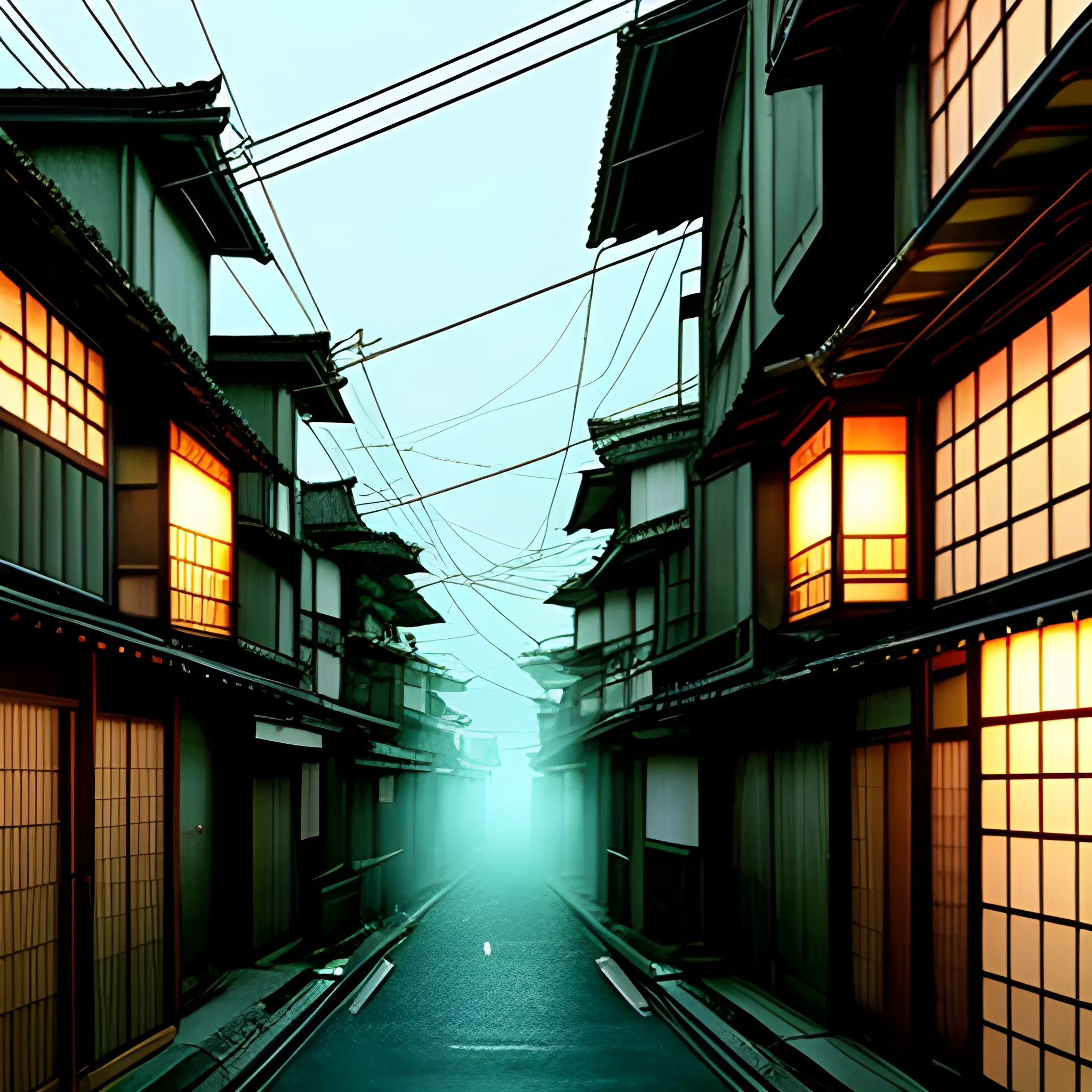 estilo anime de edificio de ladrillos con ventanas grandes que emiten luz fria ambientado de noche en una calle oscura de una ciudad en japon