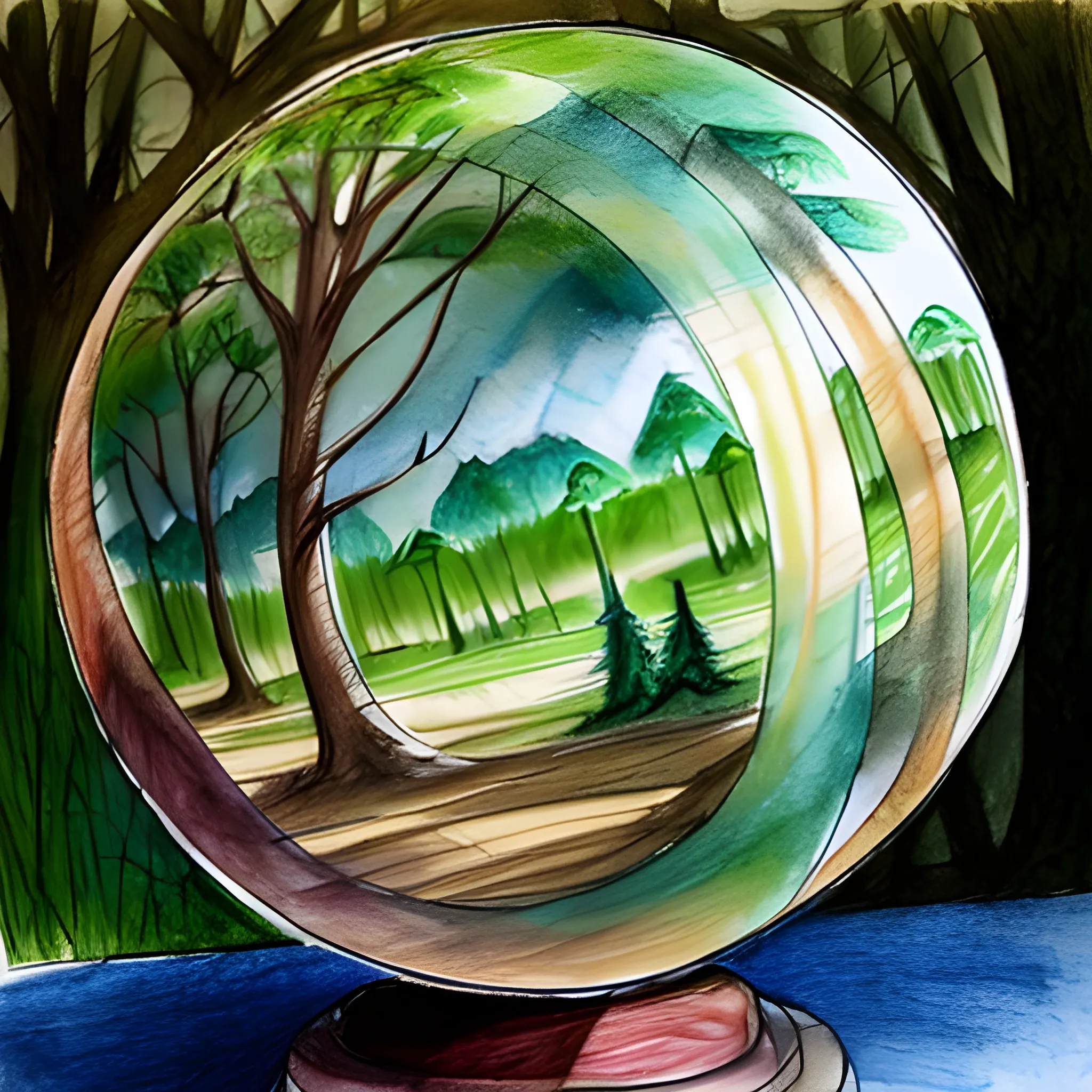 Forest globe 2D, Water Color, Pencil Sketch