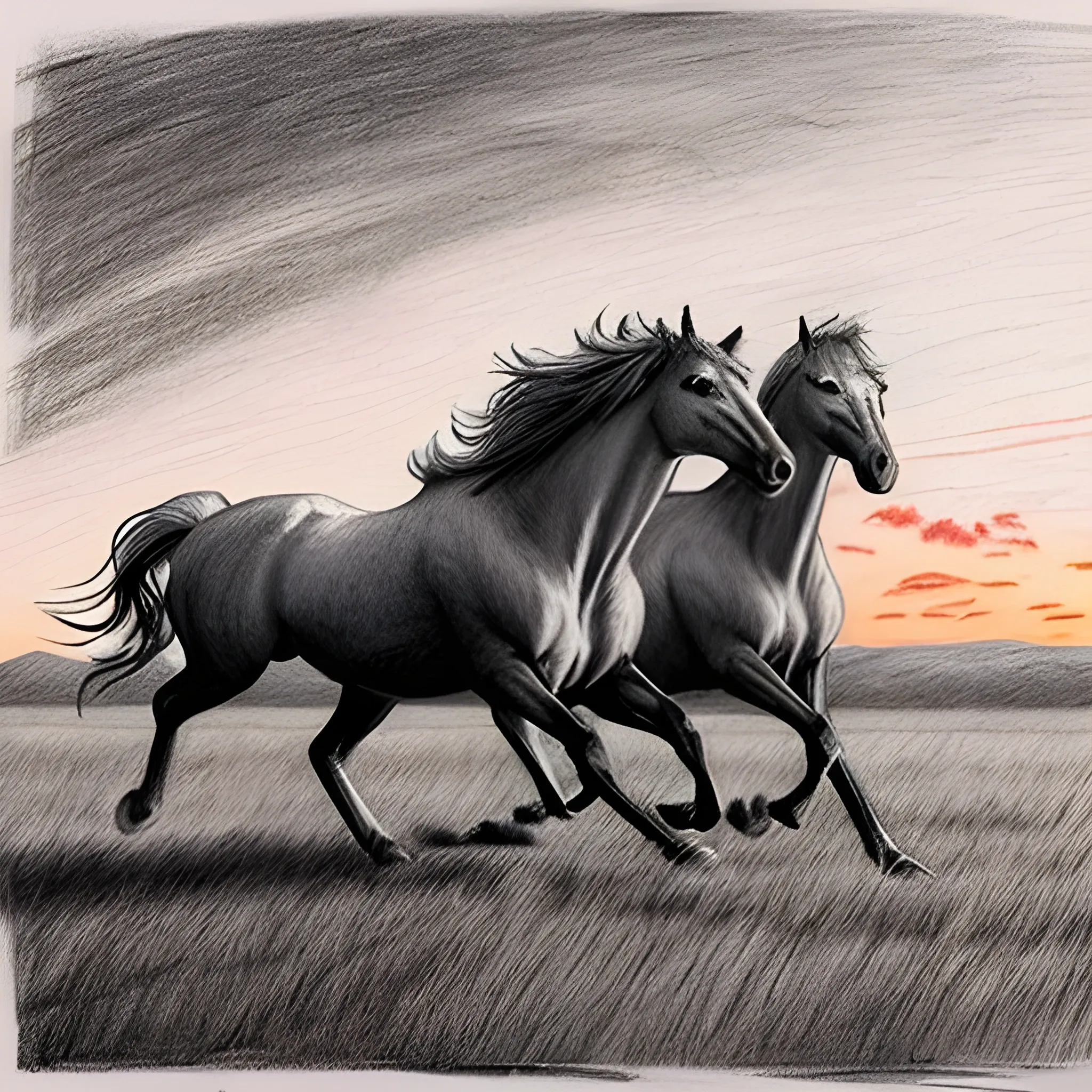 Generar una imagen de manada de caballos salvajes corriendo sobre un río en la pradera en un hermoso atardecer rojo 
, Pencil Sketch
