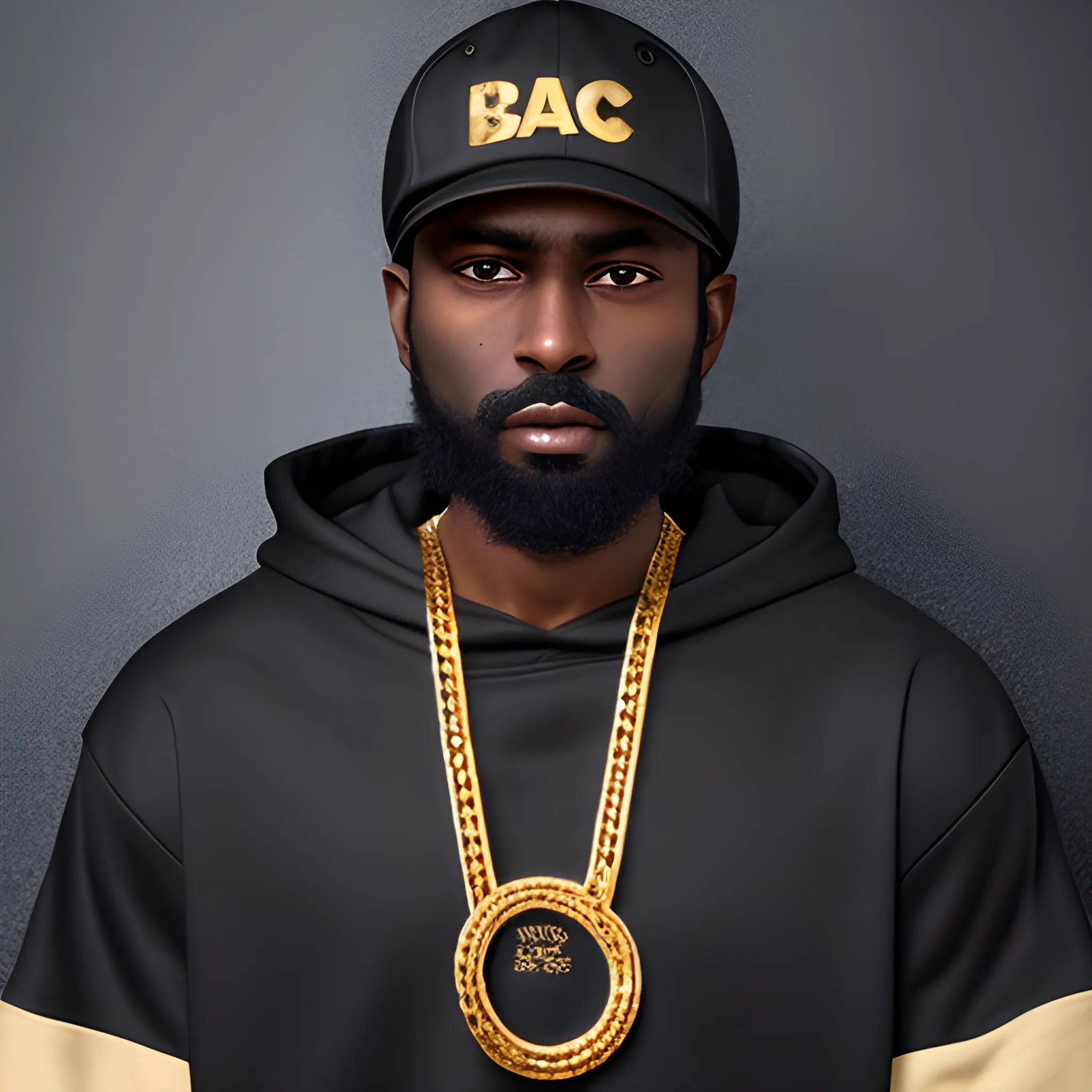 dark-skinned man, wearing a cap, with a short beard, wearing a black hoodie and a gold chain.